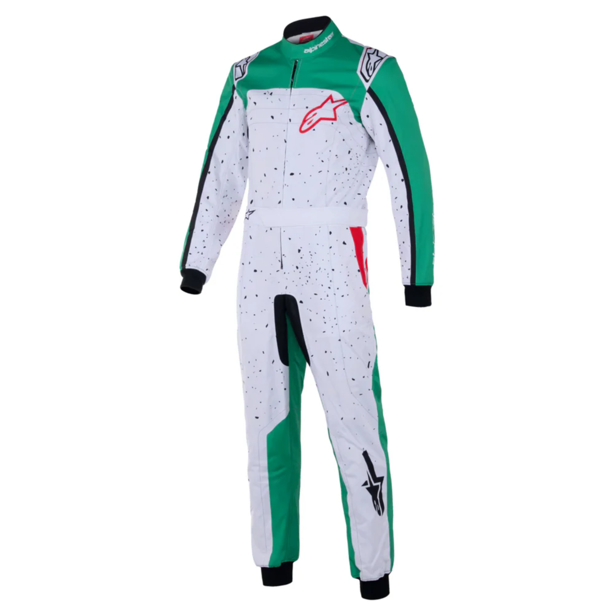 The front of the white, green and red Alpinestars KMX-9 v3 Graph-6 Kart Racing Suit.