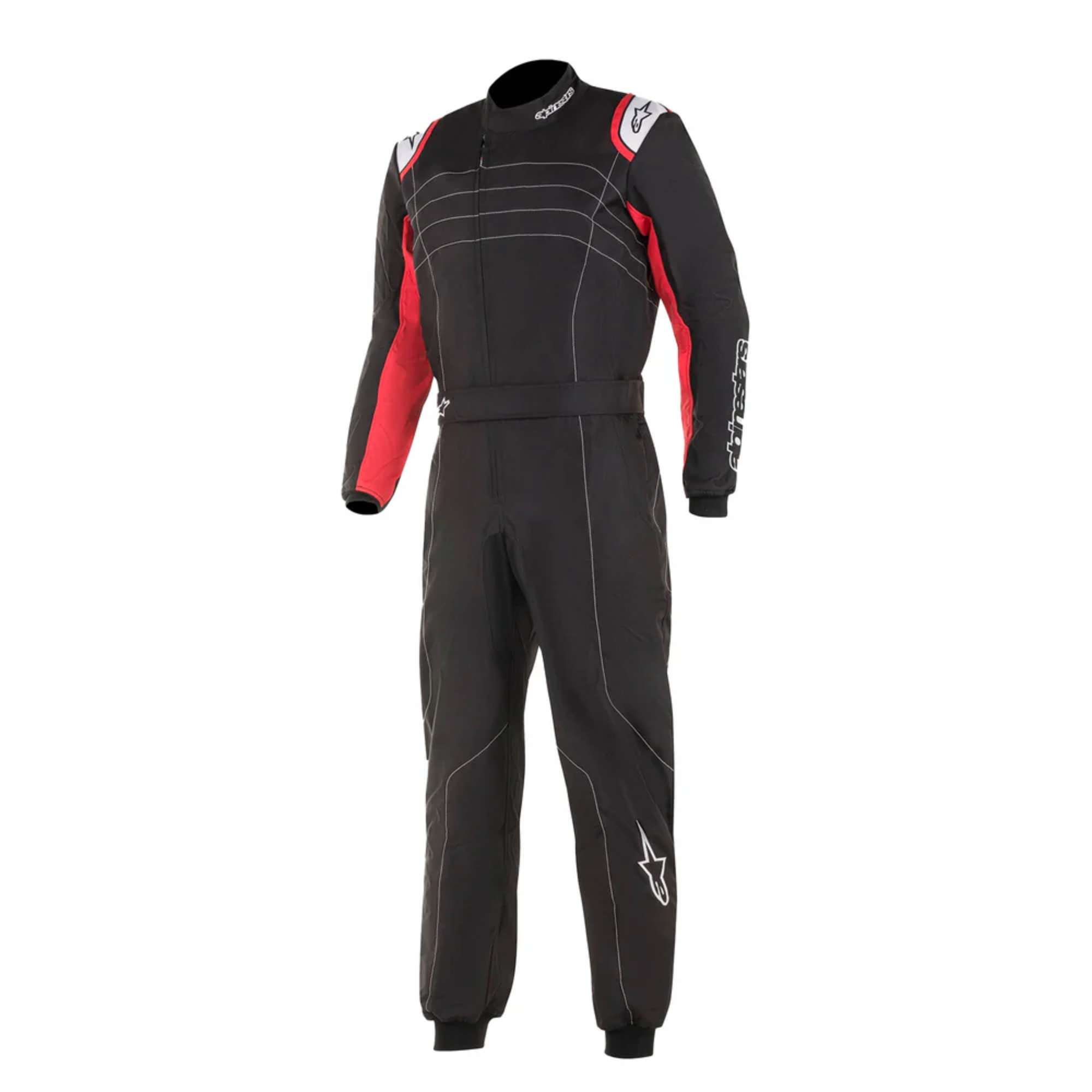 The front of the black and red Alpinestars KMX-9 v3 Kart Racing Suit.