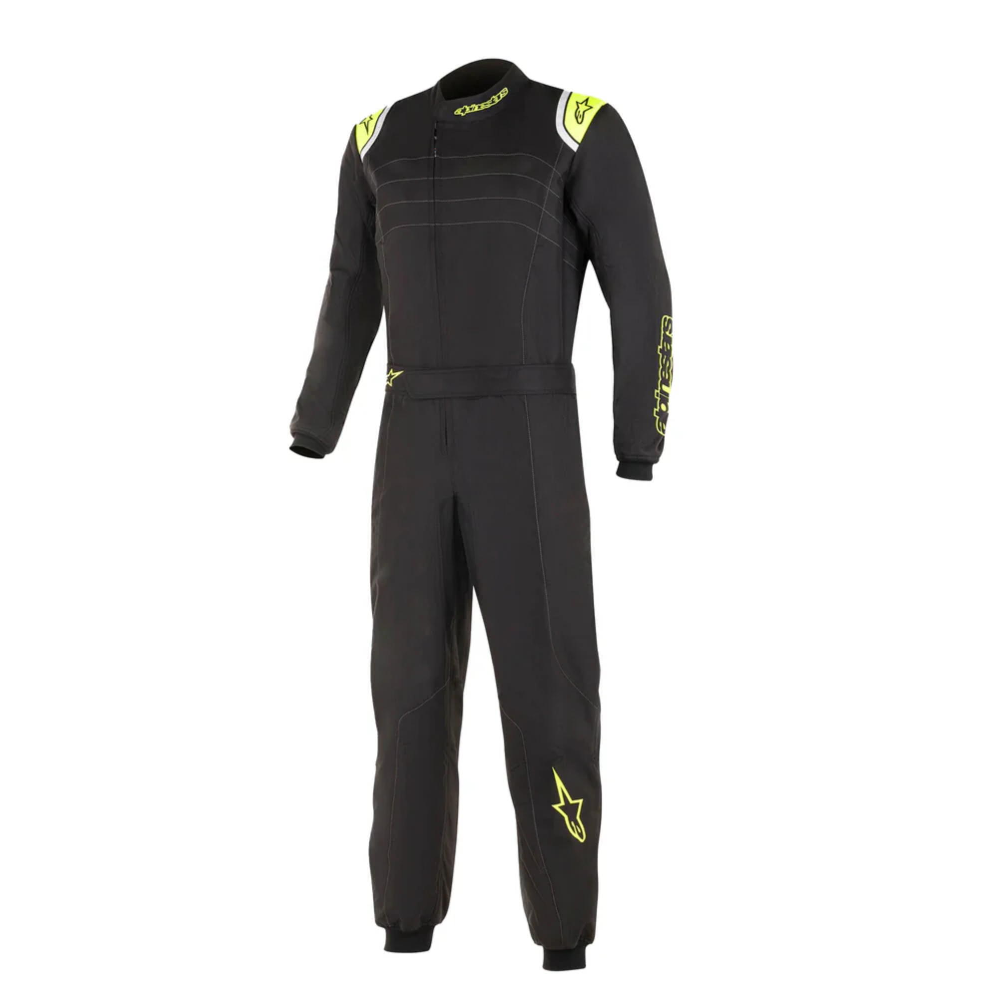 The front of the black and yellow Alpinestars KMX-9 v3 Kart Racing Suit.