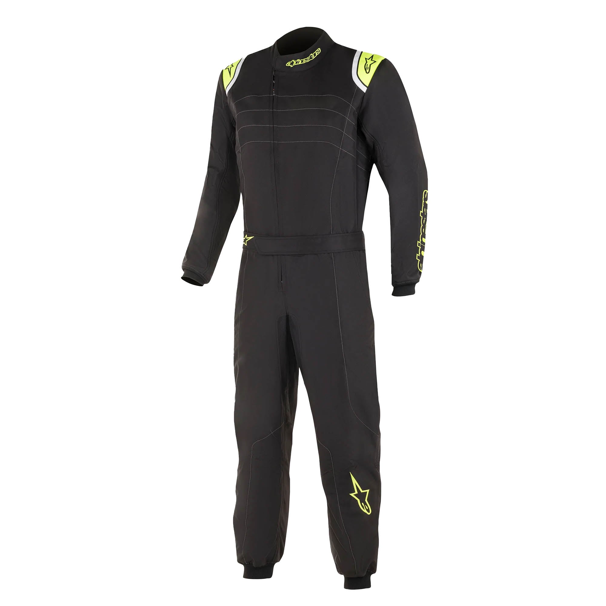 The front of the black and yellow Alpinestars KMX-9 v3 S Youth Kart Racing Suit.