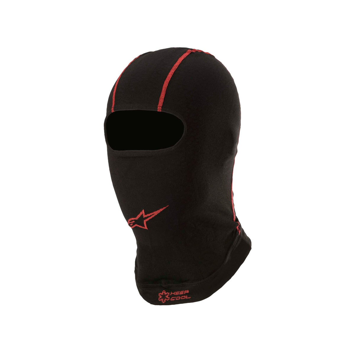 The black Alpinestars KX v2 Summer Karting Balaclava with red accents.