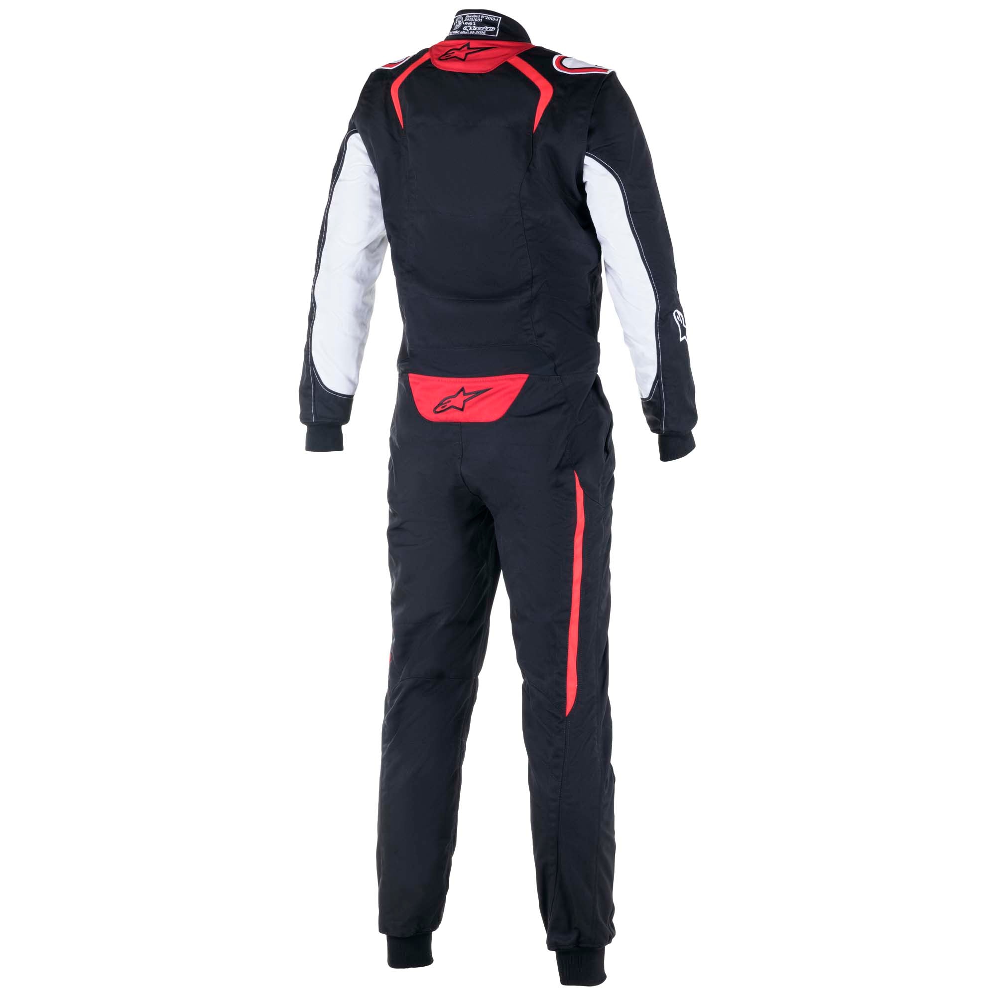The back of the black, red and white Alpinestars KMX-5 Kart Racing Suit.