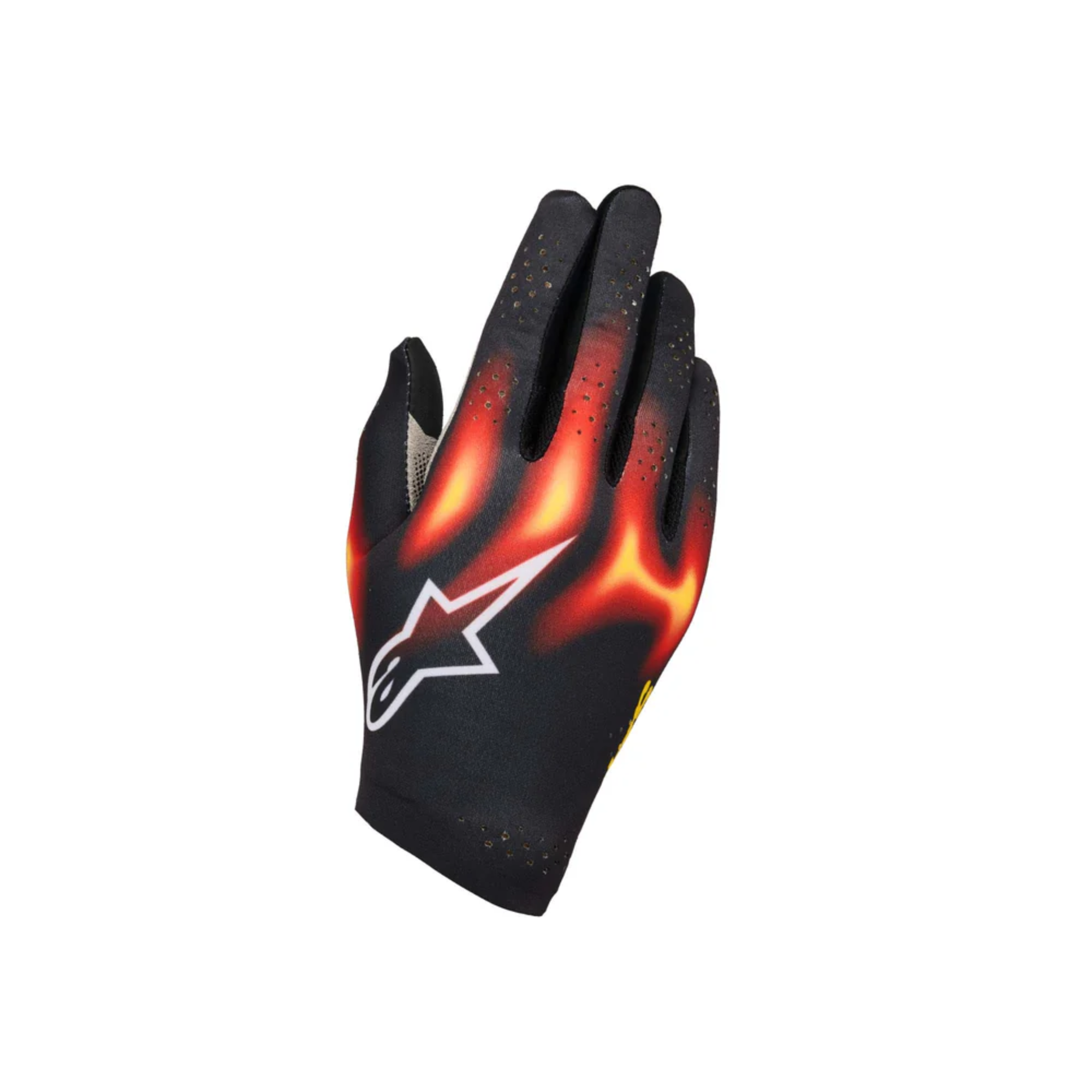 The front of the black, red, and yellow Alpinestars Sim Gaming Gloves - Graphic 3.