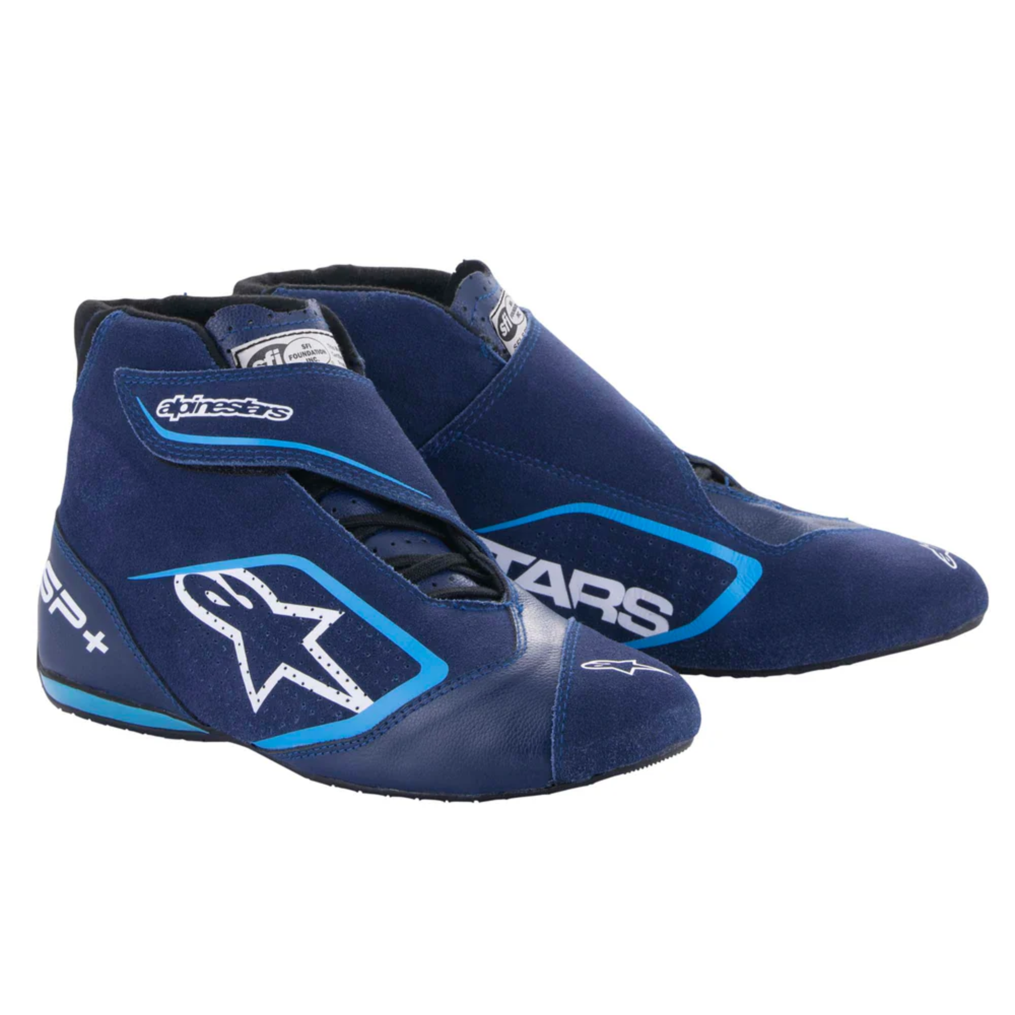 The navy and cyan Alpinestars SP+ Racing Shoes - SFI 3.3.