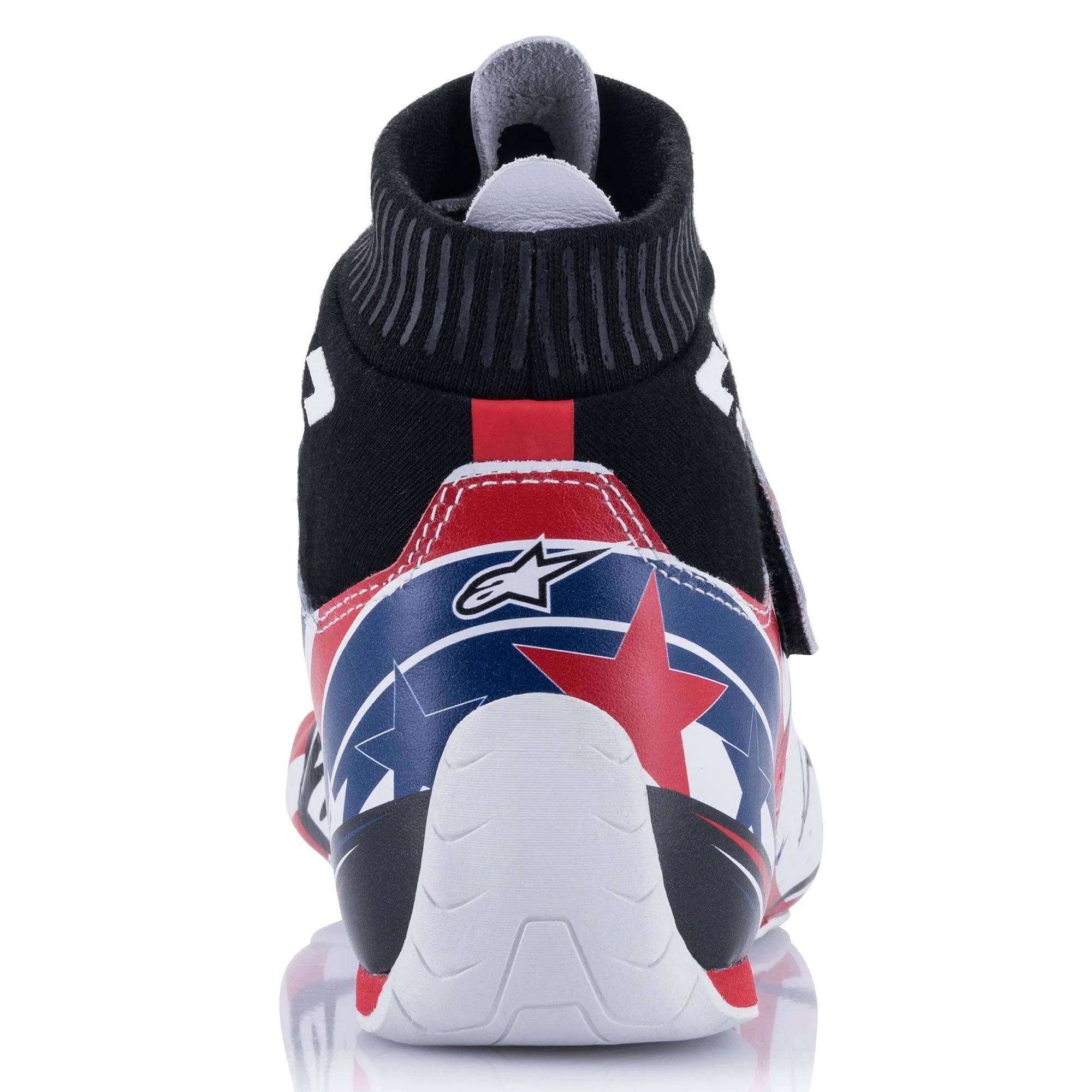 The back heel of the red, white and blue Alpinestars Supermono v2 Liberty Racing Shoes.