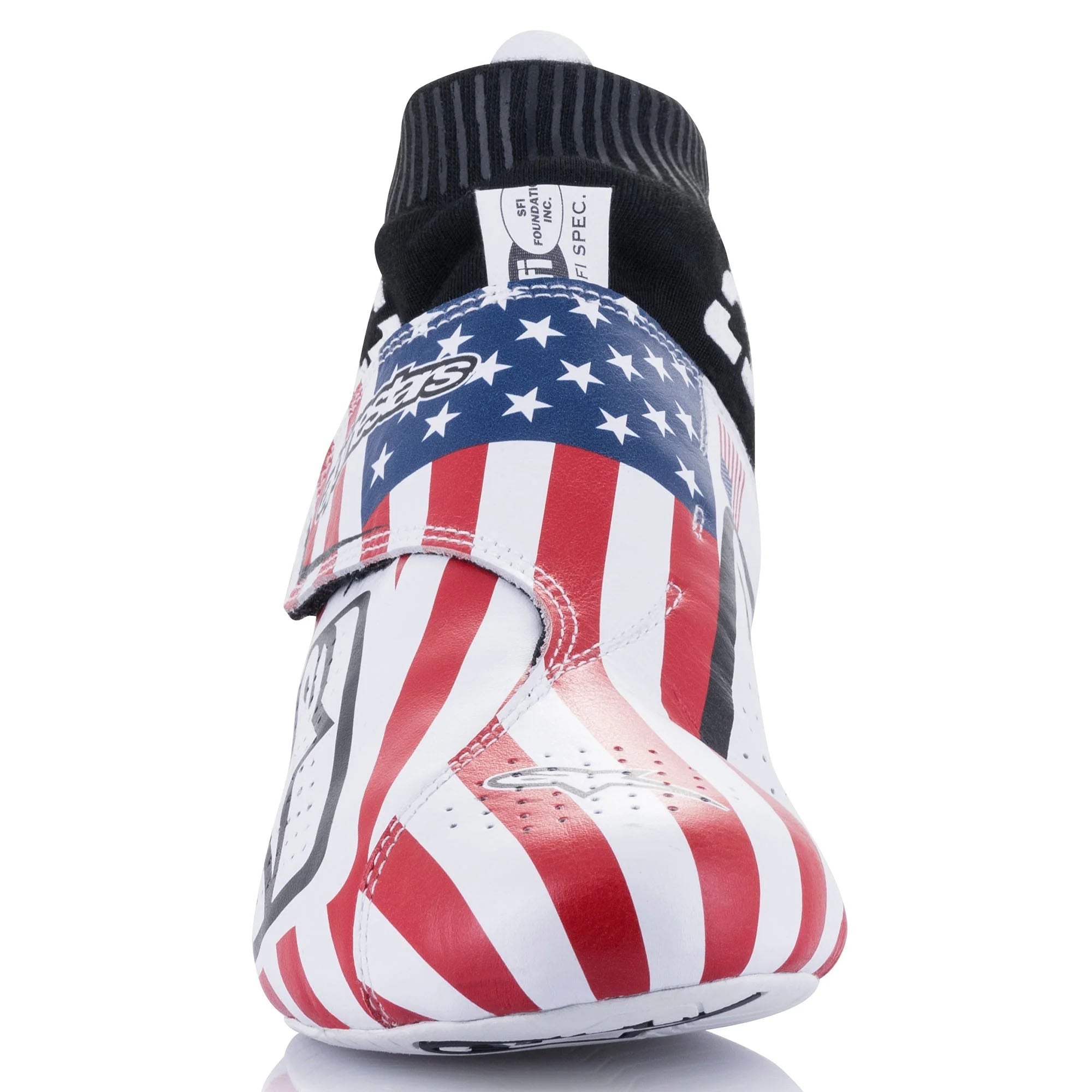 The front toes of the red, white and blue Alpinestars Supermono v2 Liberty Racing Shoes.