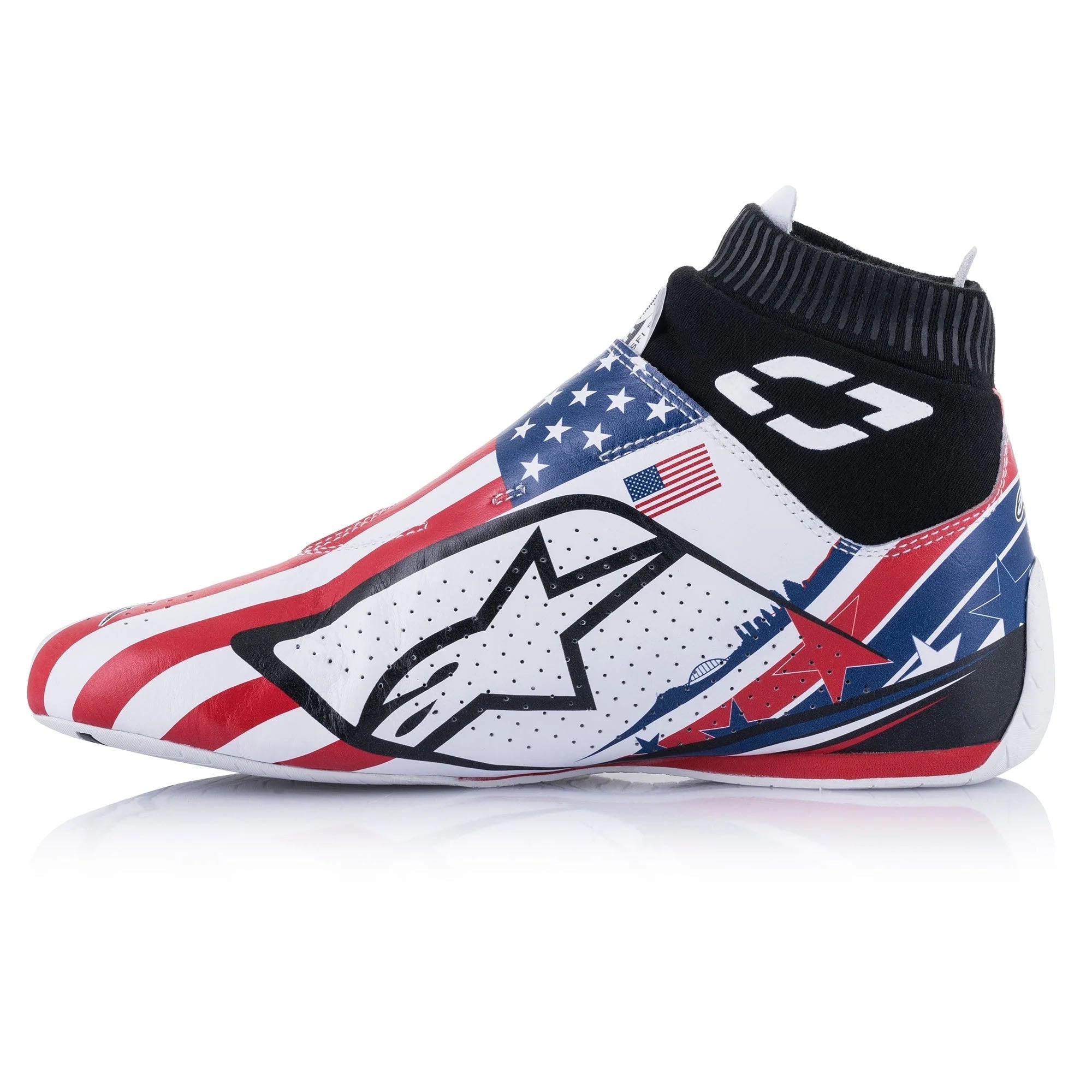 The inside of the red, white and blue Alpinestars Supermono v2 Liberty Racing Shoes.