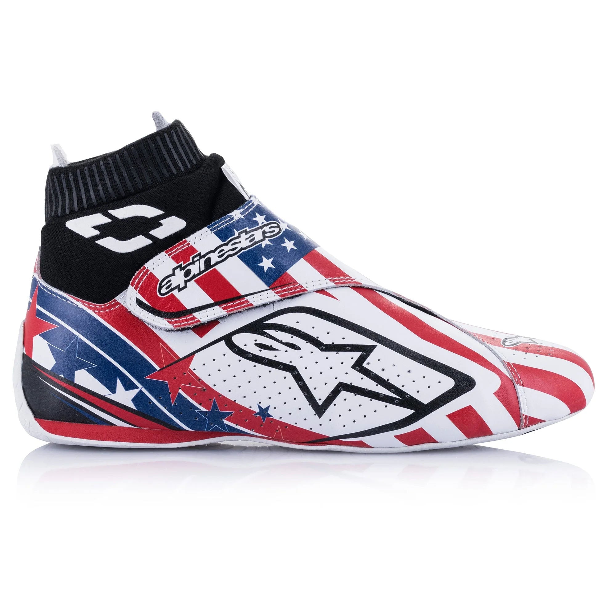 The side of the red, white and blue Alpinestars Supermono v2 Liberty Racing Shoes.