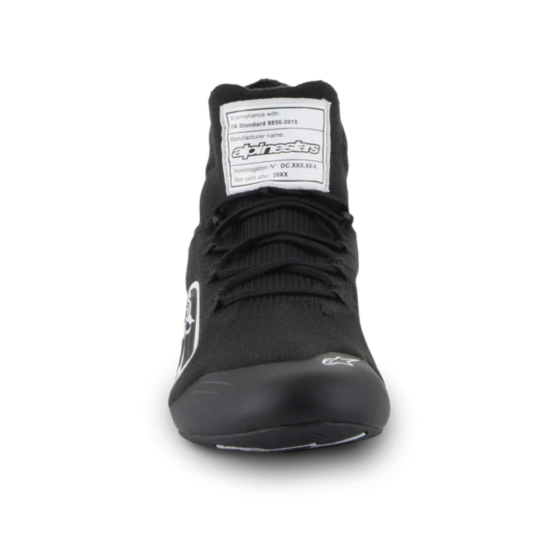The front of the black and white Alpinestars Supertech Racing Shoes.