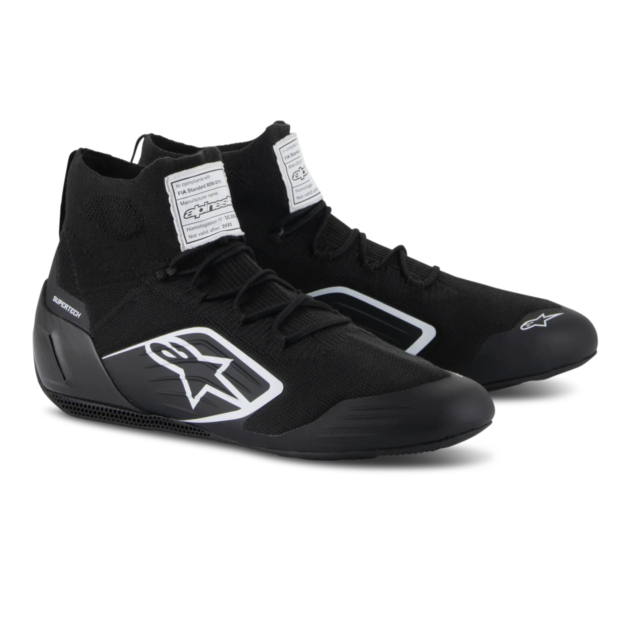 The black and white Alpinestars Supertech Racing Shoes.