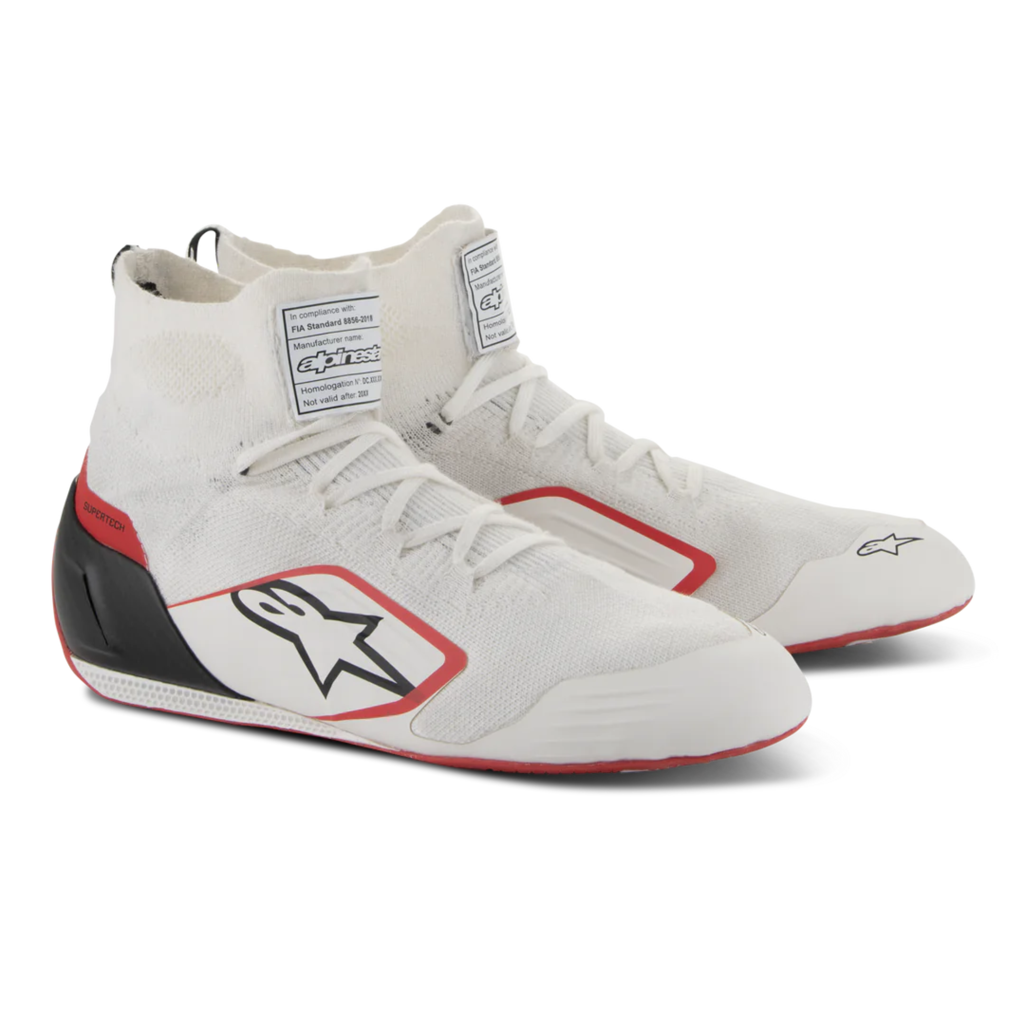 The white, red and black Alpinestars Supertech Racing Shoes.