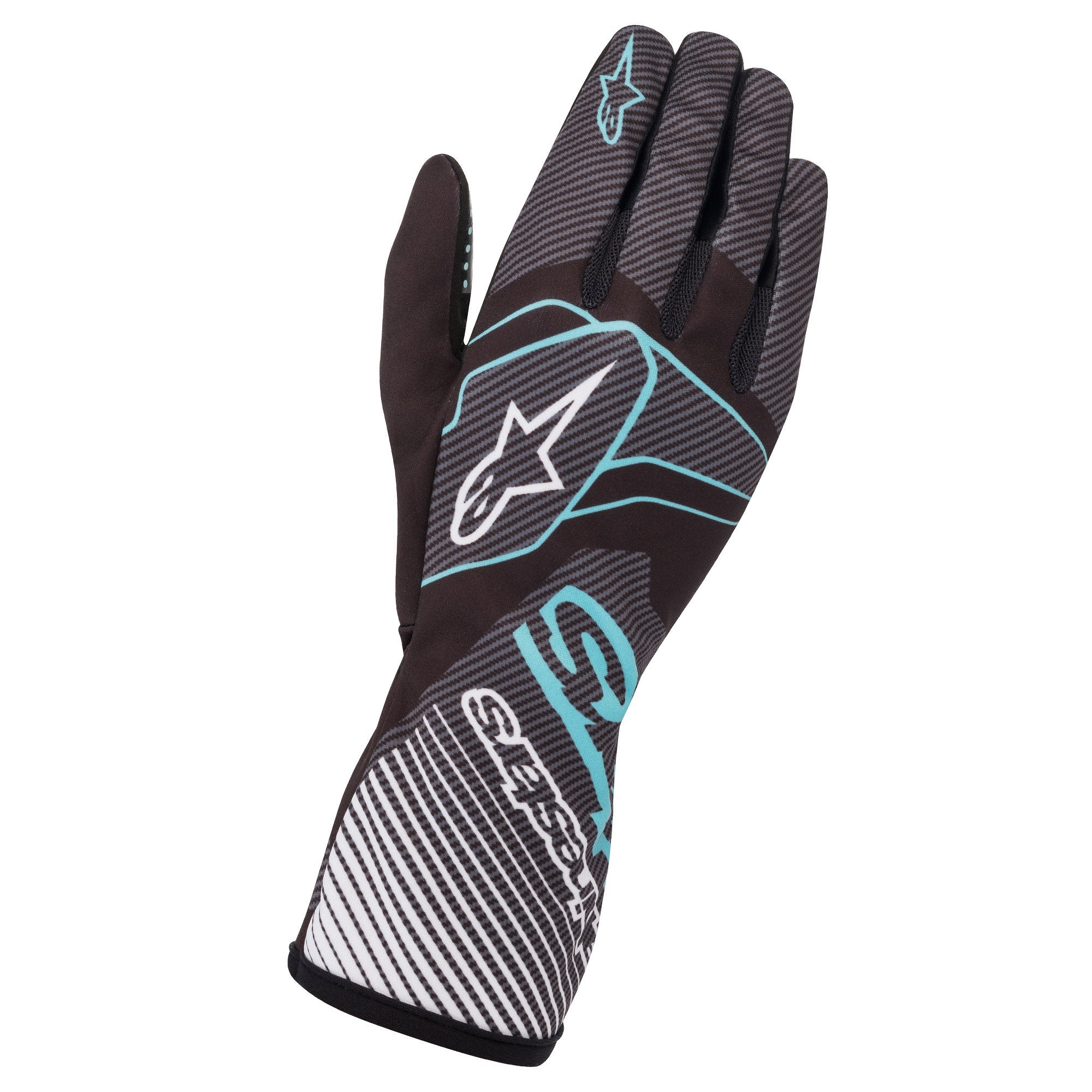 The black and turquoise Alpinestars Tech-1 K Race v2 Karting Gloves - Carbon.