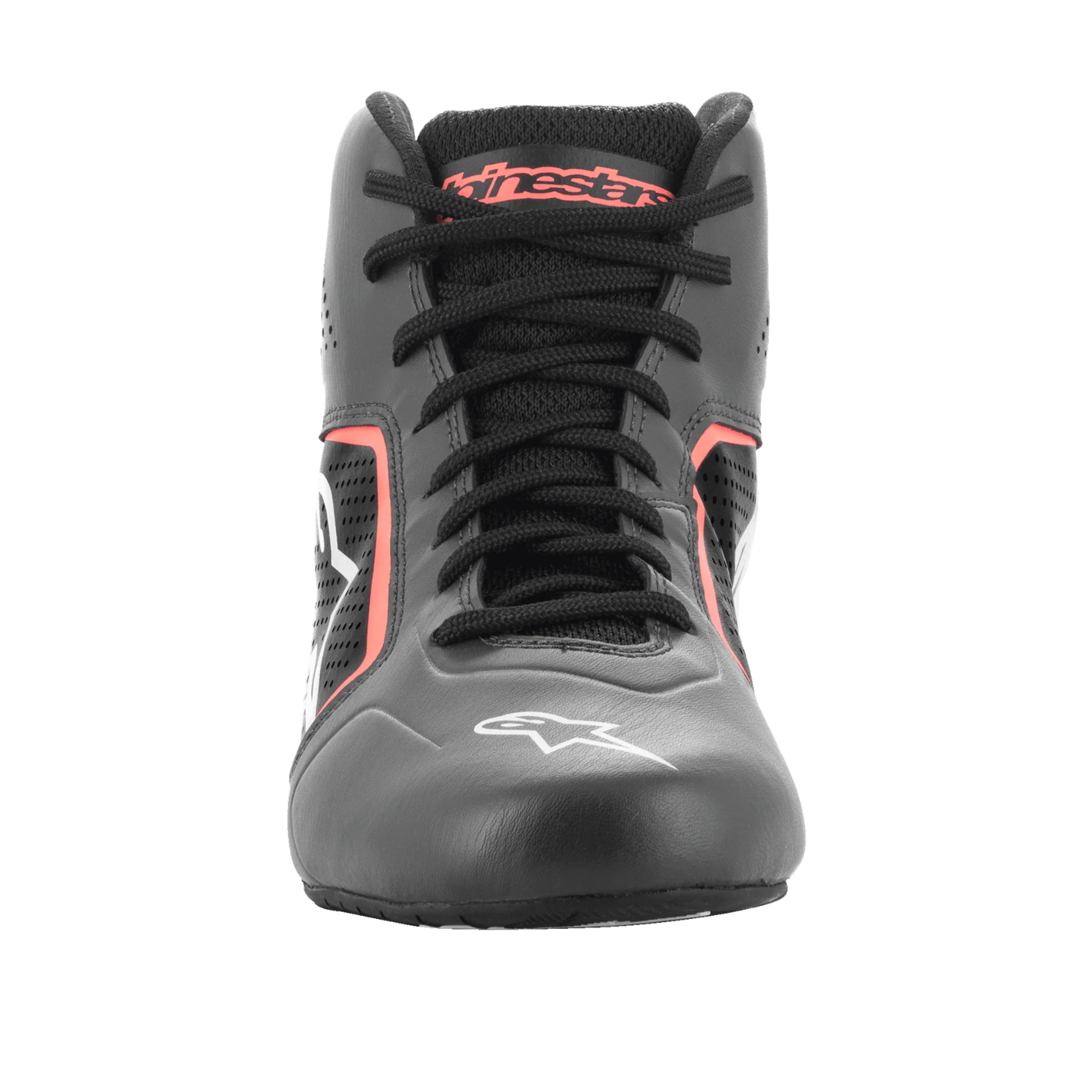 The front of the asphalt, black and orange Alpinestars Tech 1-K Start v2 Karting Shoes.