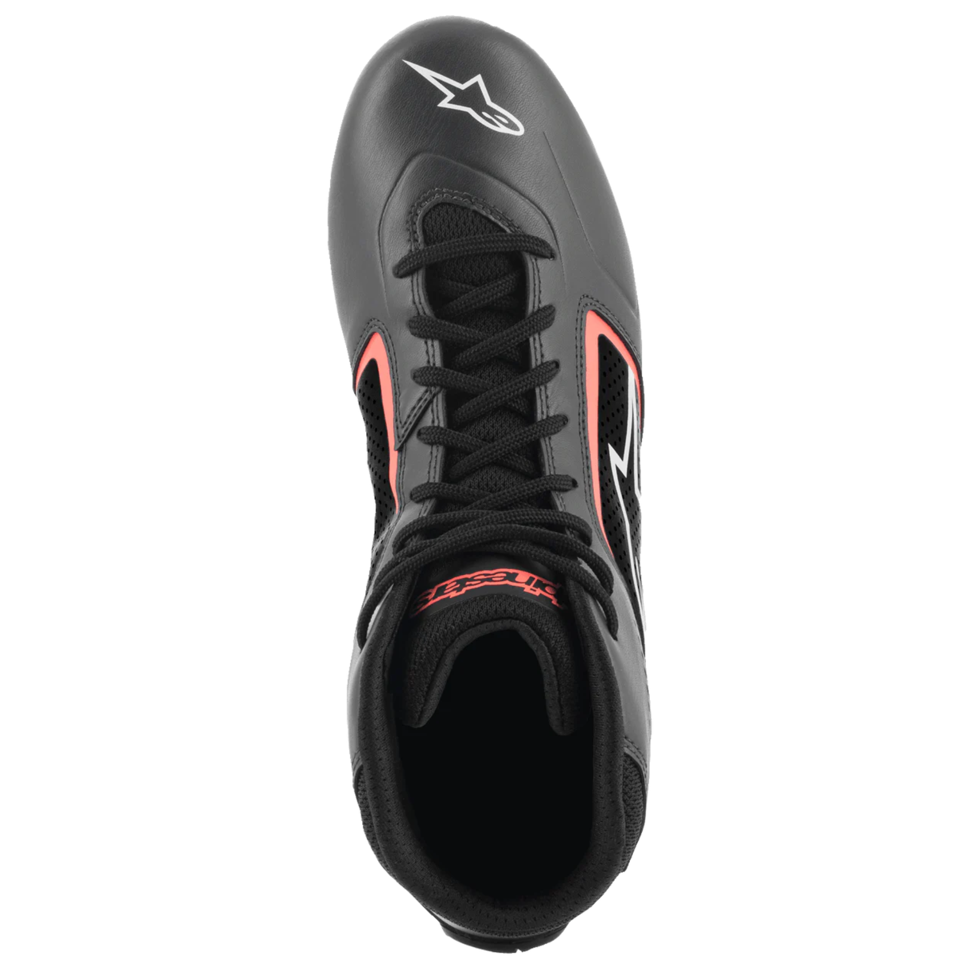 The top of the asphalt, black and orange Alpinestars Tech 1-K Start v2 Karting Shoes.