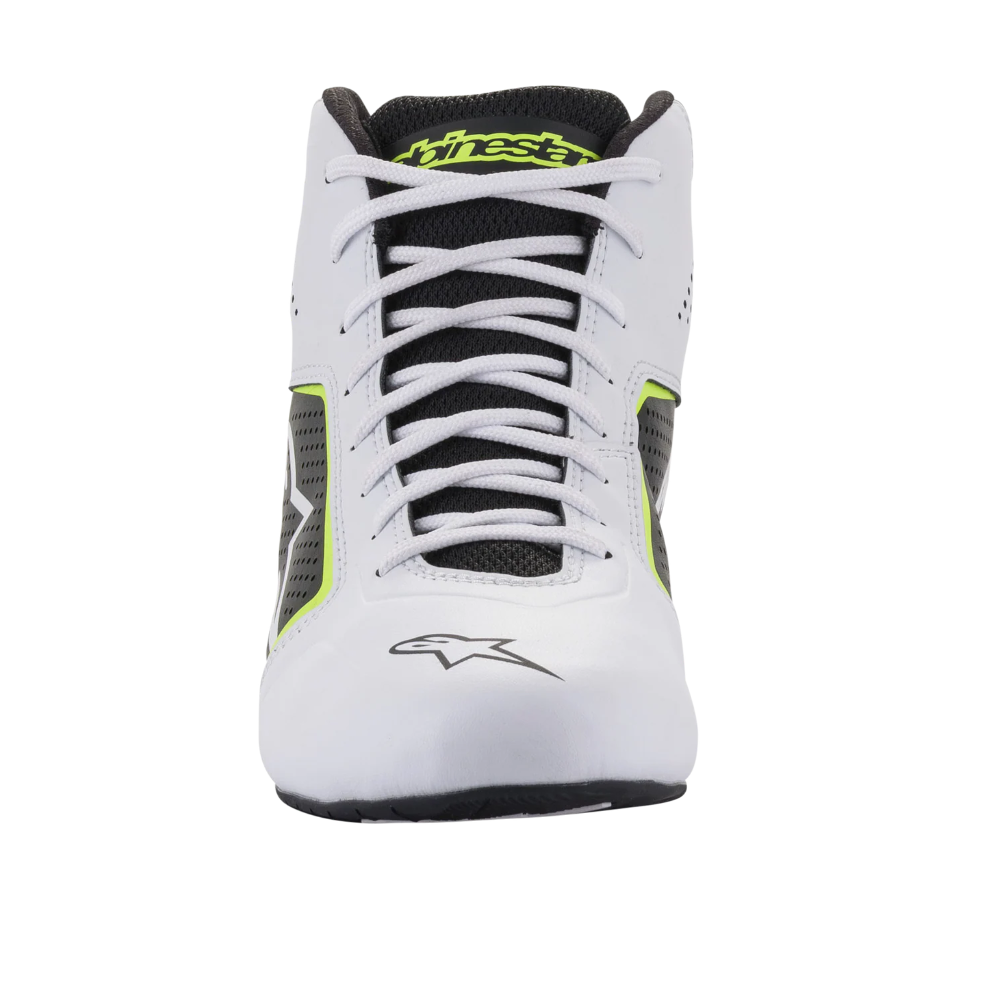 The front of the white, black and yellow Alpinestars Tech 1-K Start v2 Karting Shoes.