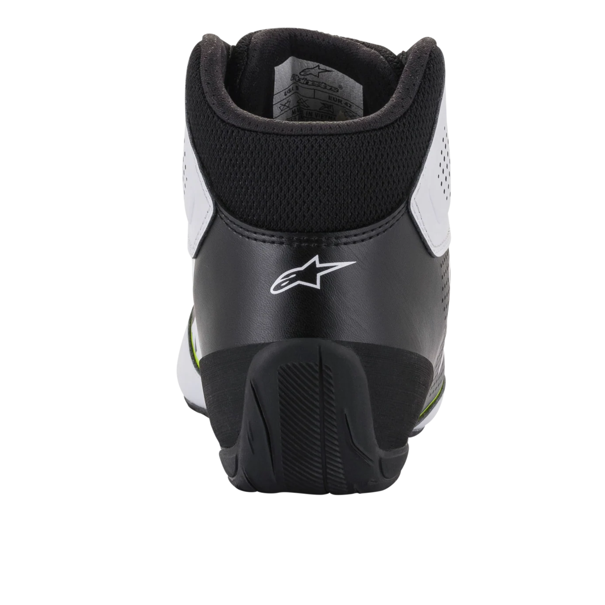 The heel of the white, black and yellow Alpinestars Tech 1-K Start v2 Karting Shoes.
