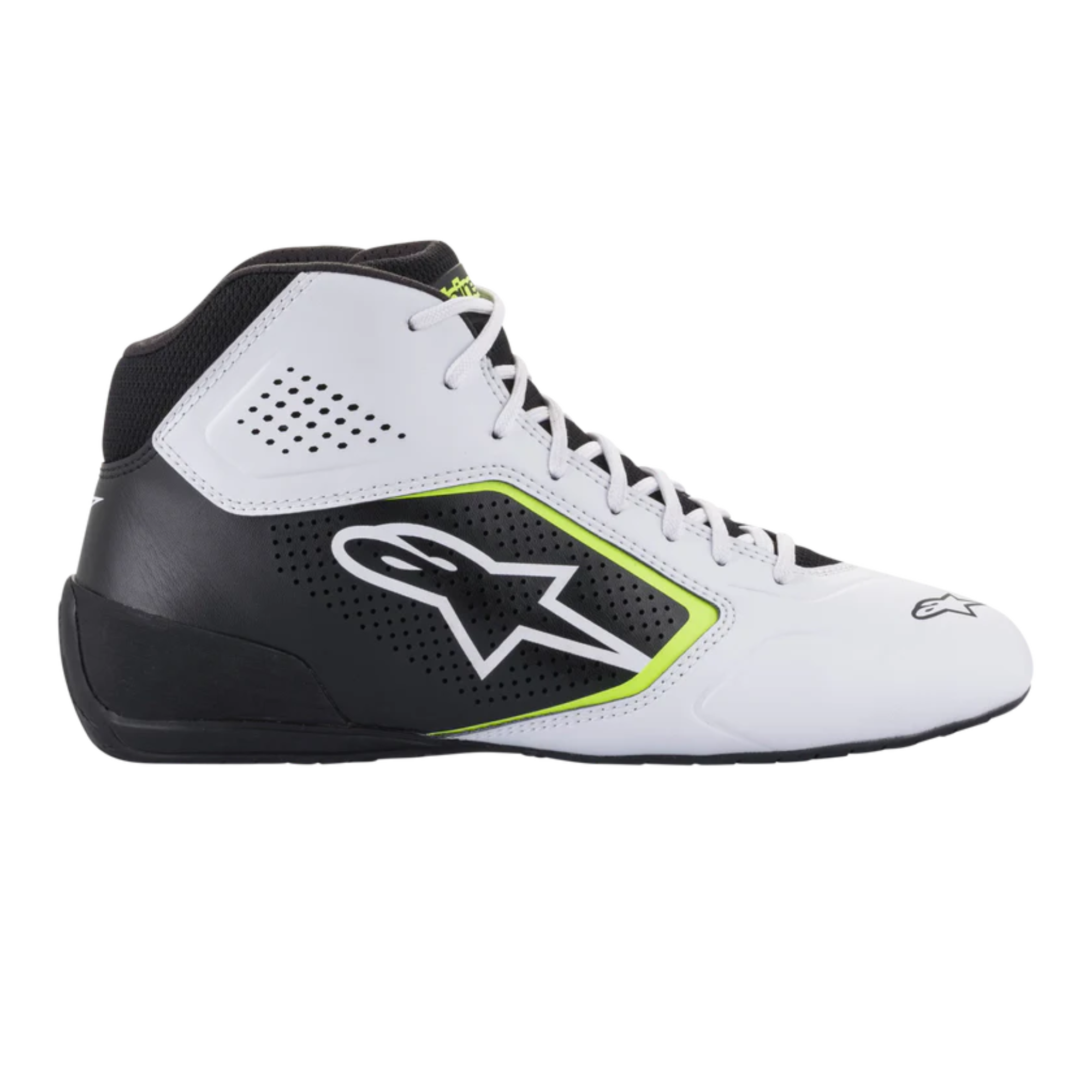 The side of the white, black and yellow Alpinestars Tech 1-K Start v2 Karting Shoes.