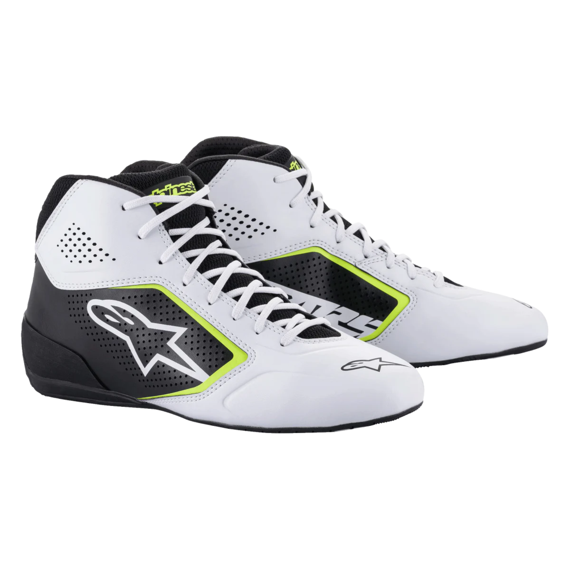 The white, black and yellow Alpinestars Tech 1-K Start v2 Karting Shoes.
