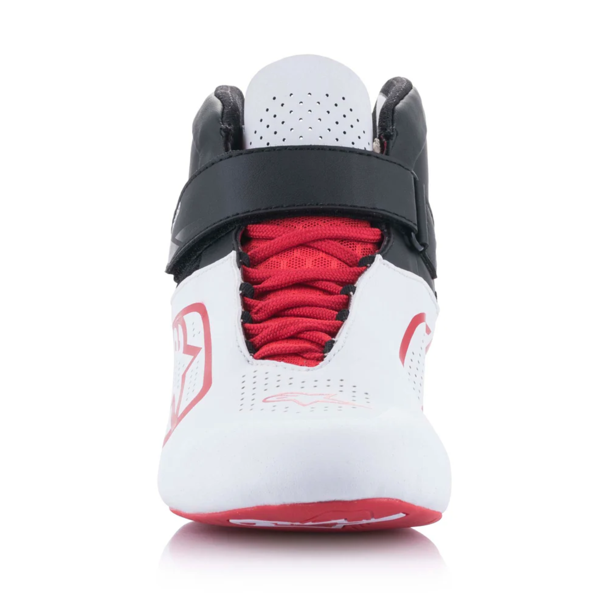 The white black and red Alpinestars Tech 1-K v2 Karting Shoes from Alpinestars shown from the front.