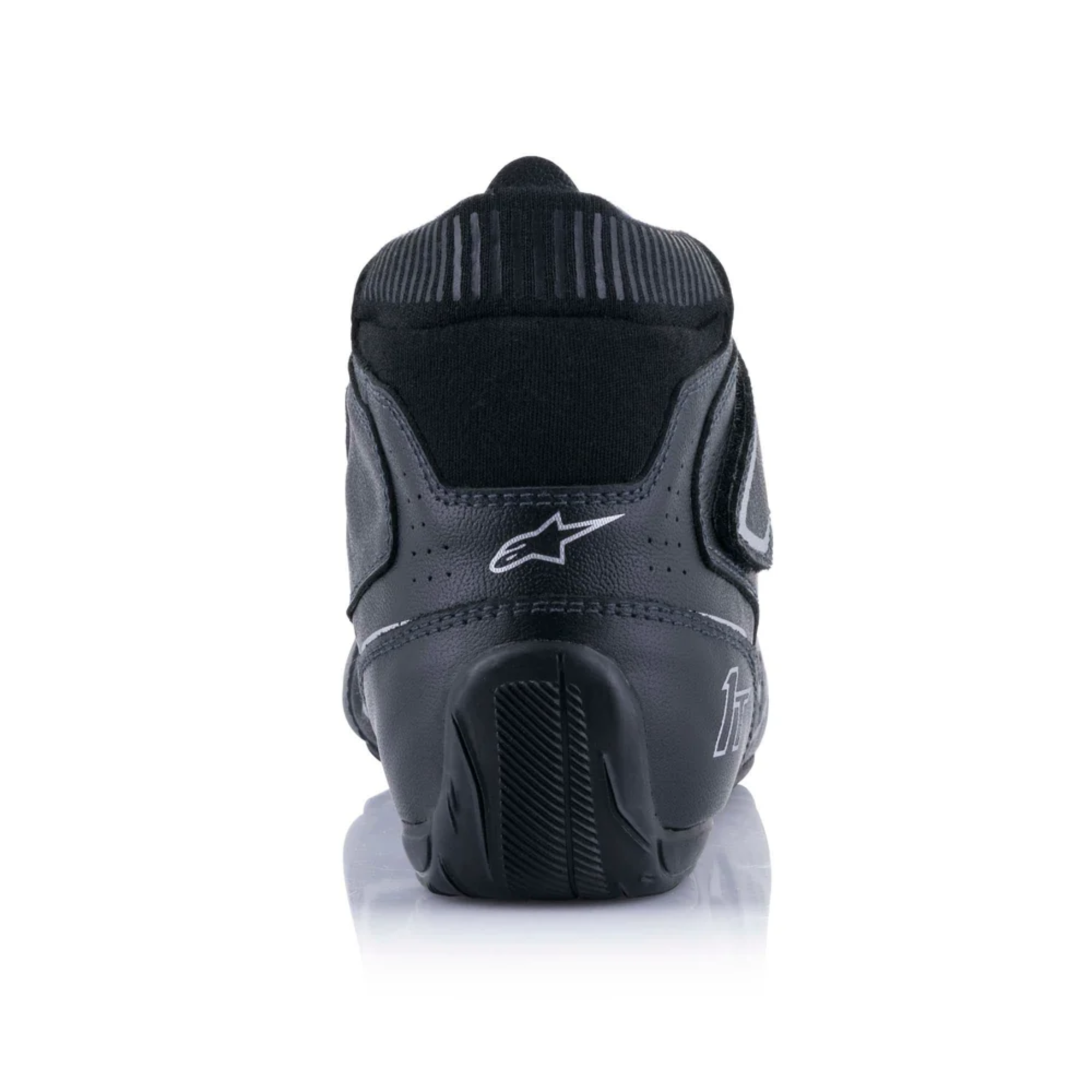 The heel of the black and silver Alpinestars Tech-1 T v3 Racing Shoes - SFI 3.3.