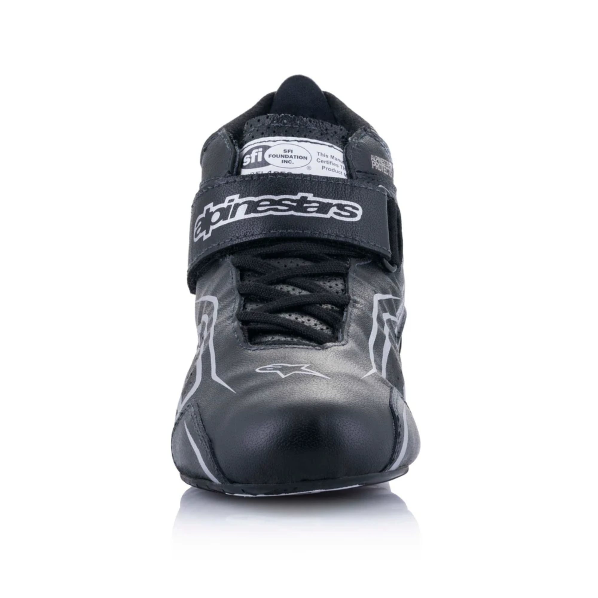 The front of the black and silver Alpinestars Tech-1 T v3 Racing Shoes - SFI 3.3.