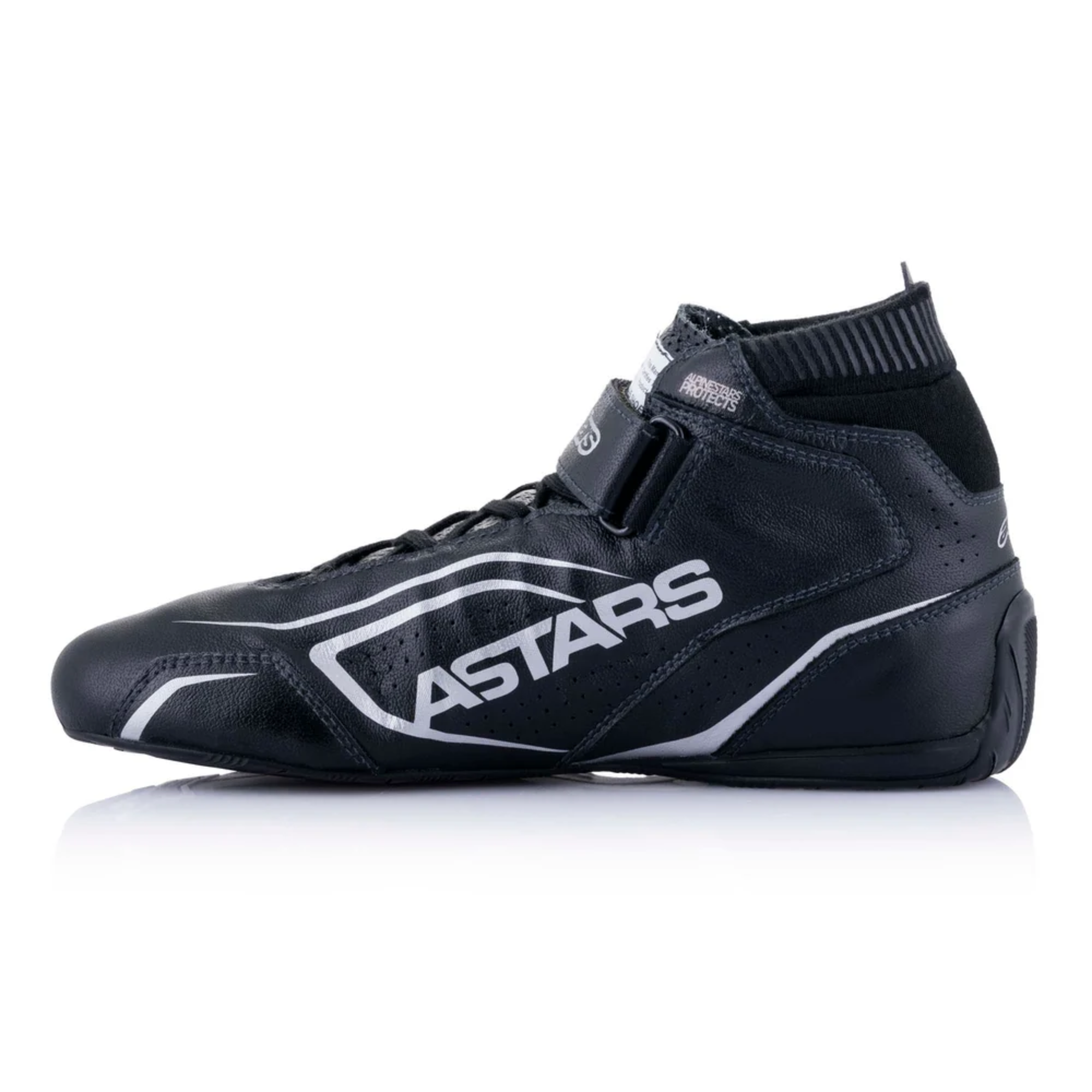 The side of the black and silver Alpinestars Tech-1 T v3 Racing Shoes - SFI 3.3.