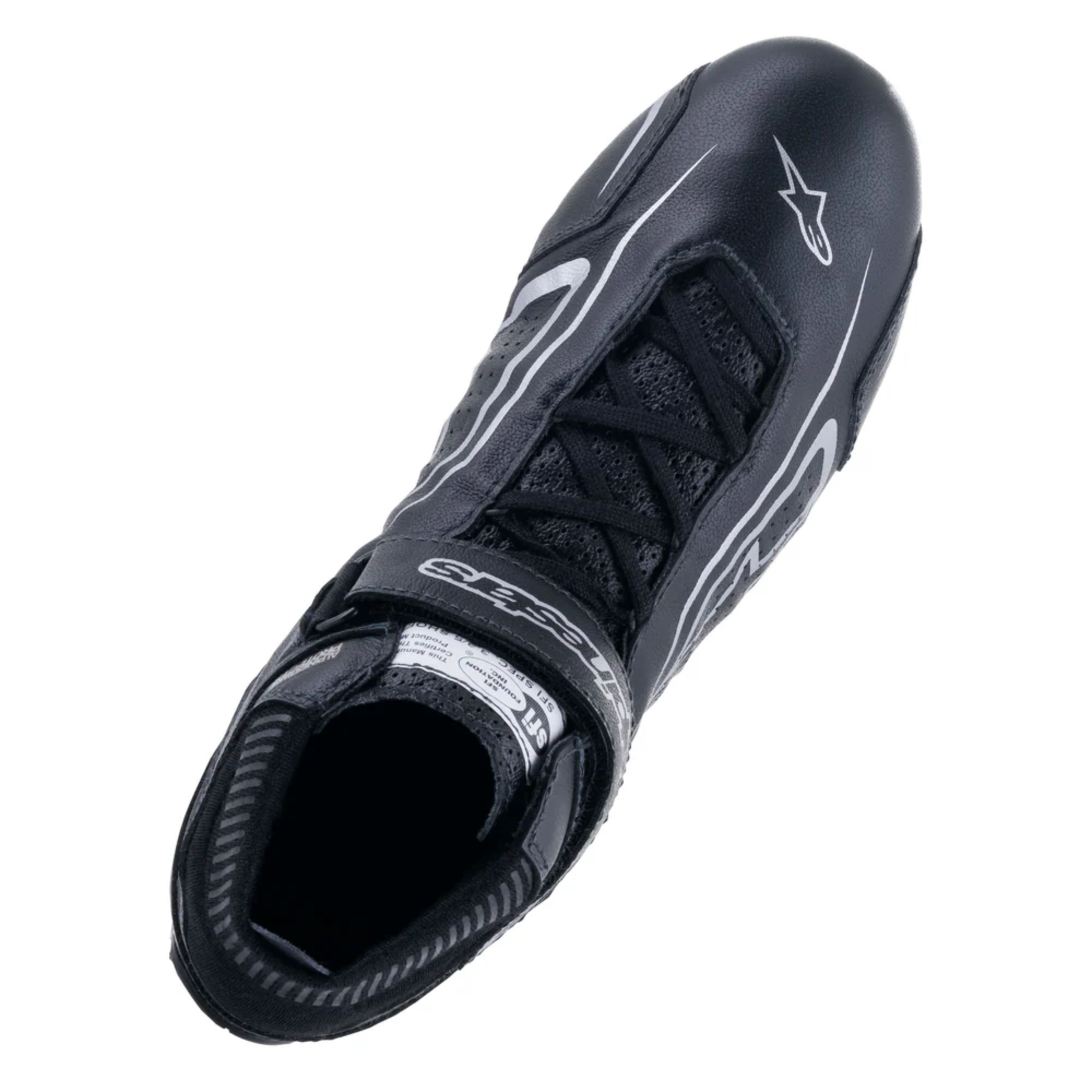The top of the black and silver Alpinestars Tech-1 T v3 Racing Shoes - SFI 3.3.