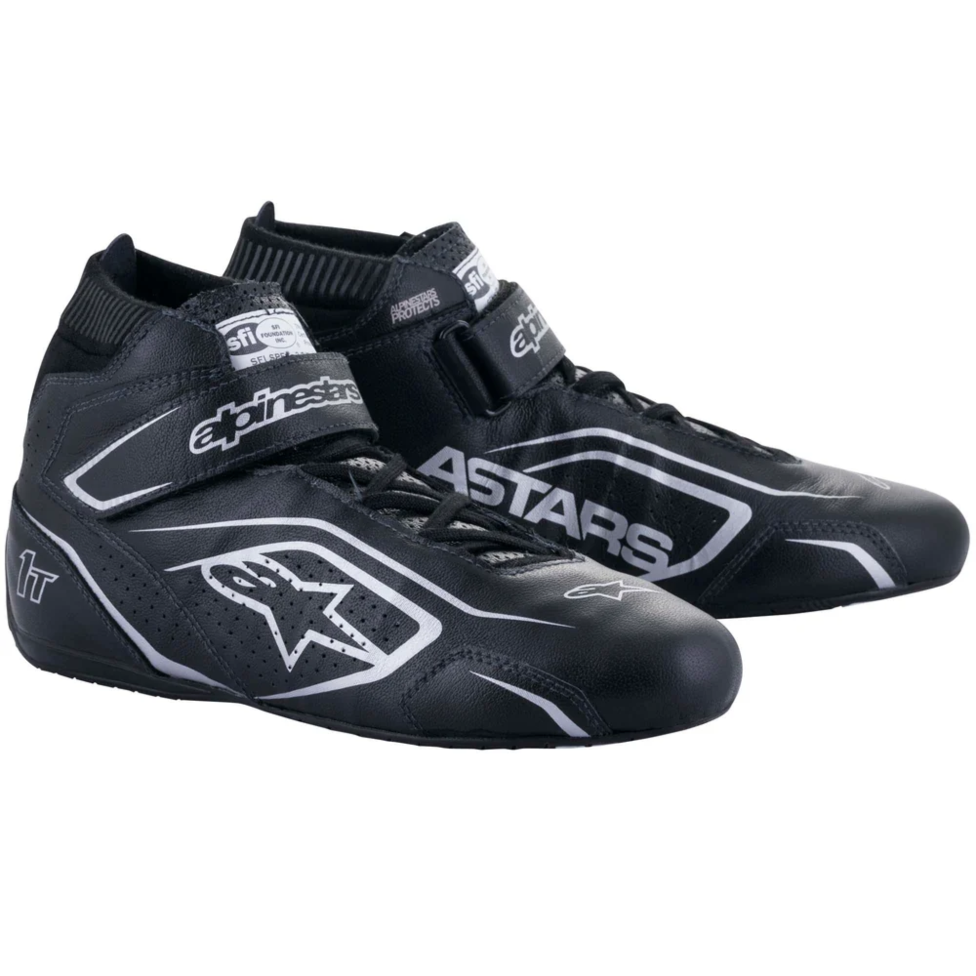 The black and silver Alpinestars Tech-1 T v3 Racing Shoes - SFI 3.3.