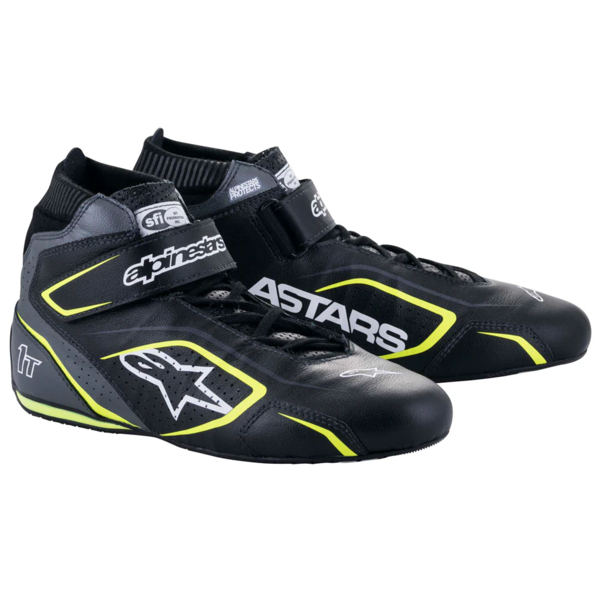 The black, grey and yellow Alpinestars Tech-1 T v3 Racing Shoes - SFI 3.3.