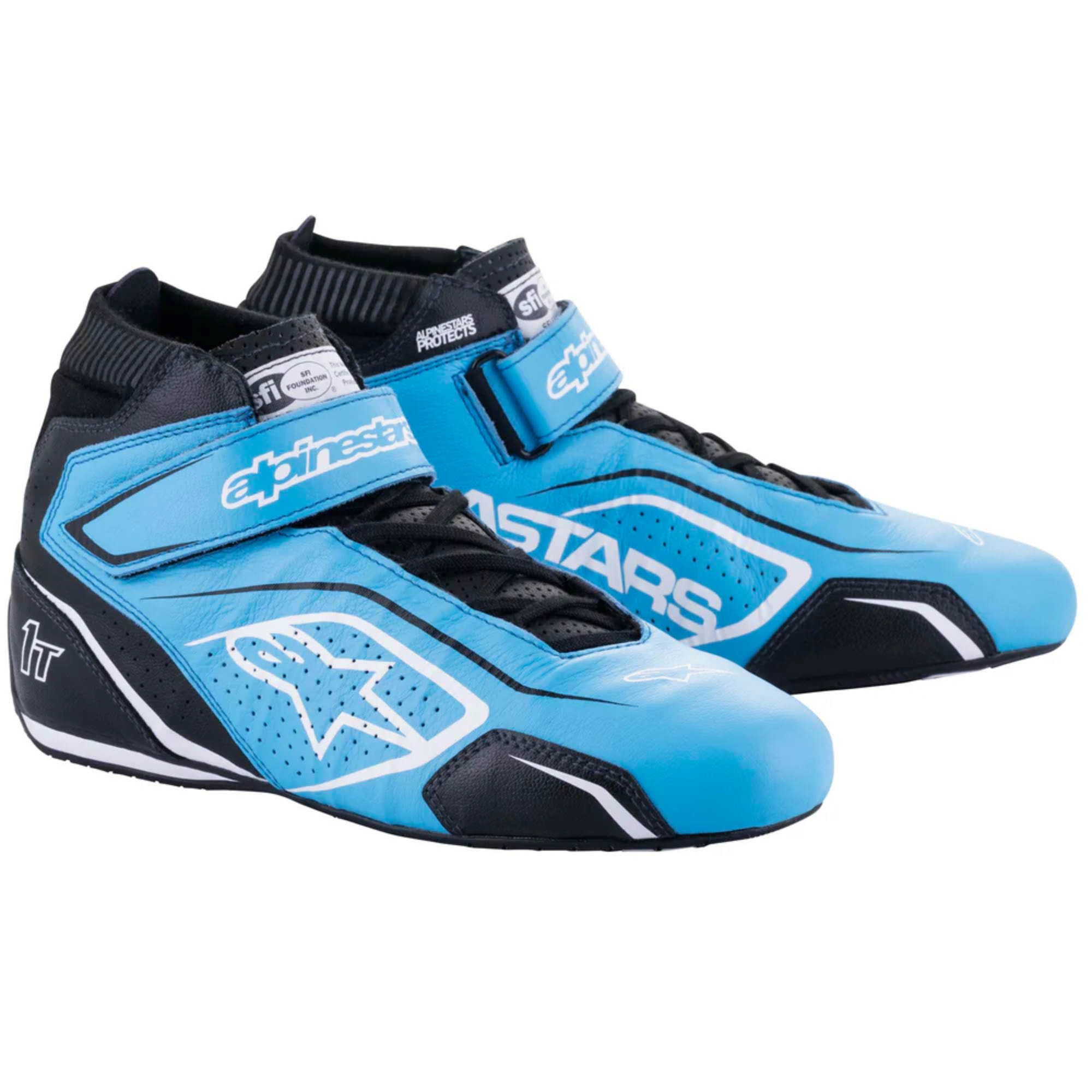 The blue, black and white Alpinestars Tech-1 T v3 Racing Shoes - SFI 3.3.