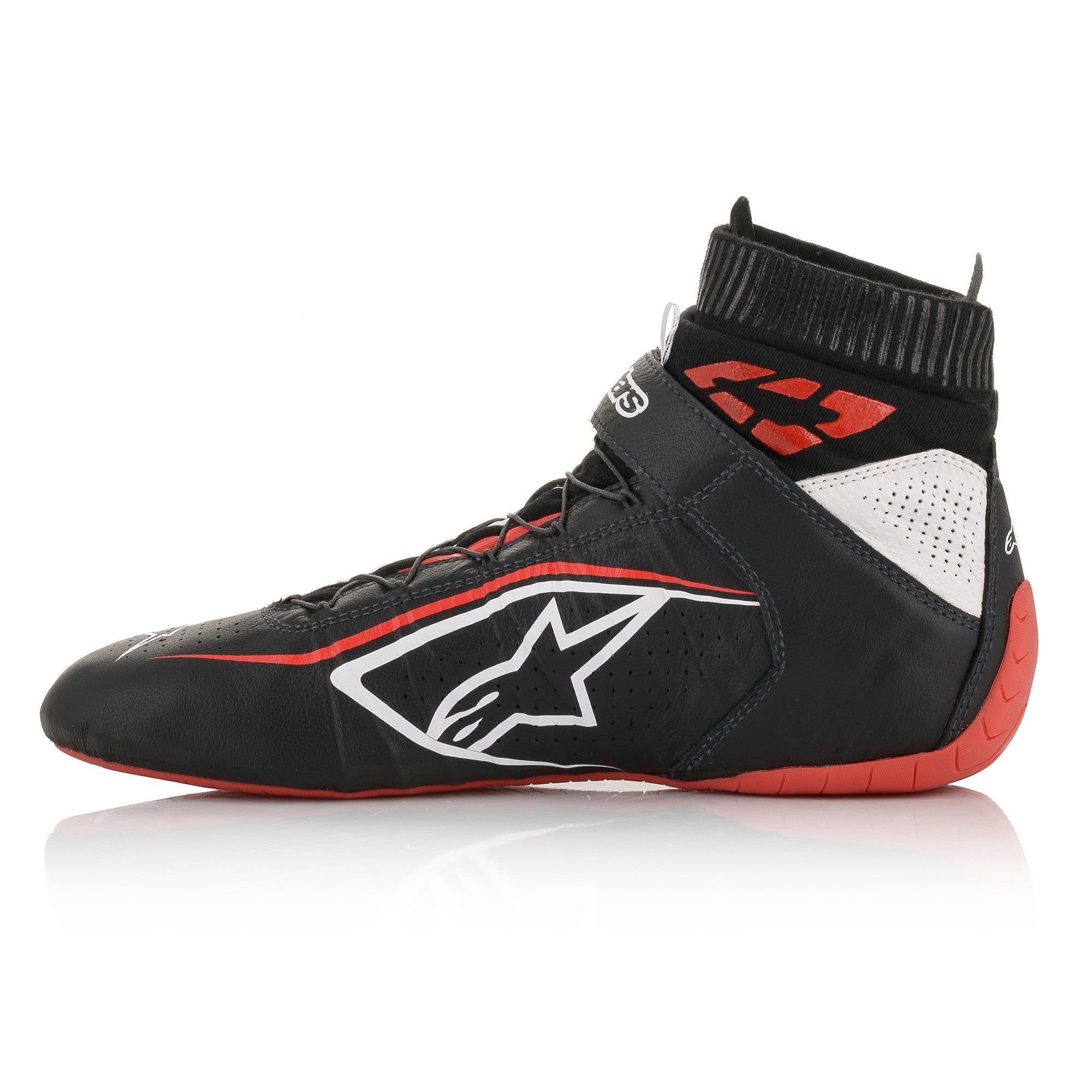 The black, white and red Alpinestars Tech-1 Z v2 Racing Shoes from the side.