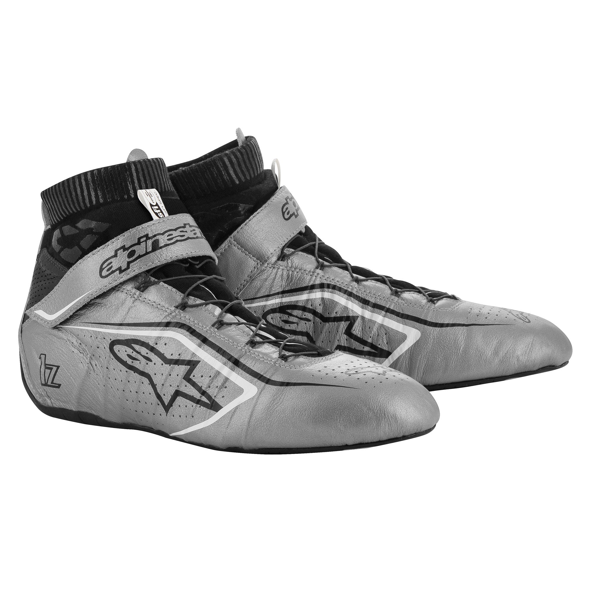 The silver, black and white Alpinestars Tech-1 Z v2 Racing Shoes.