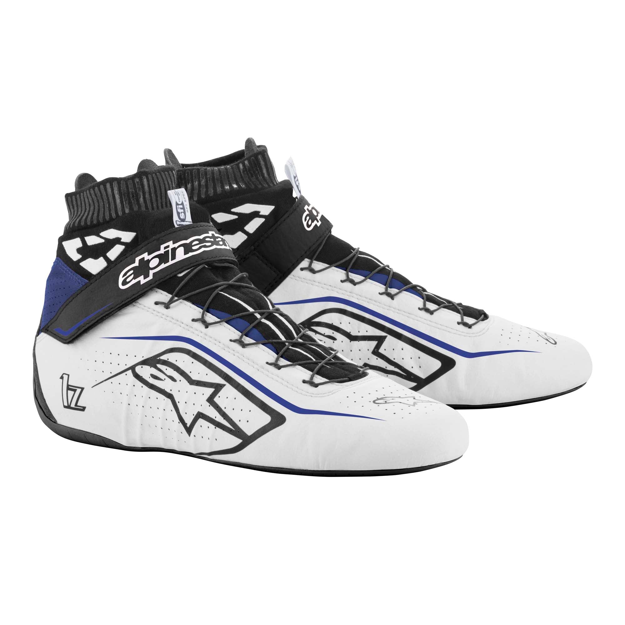 The white, black and blue Alpinestars Tech-1 Z v2 Racing Shoes.