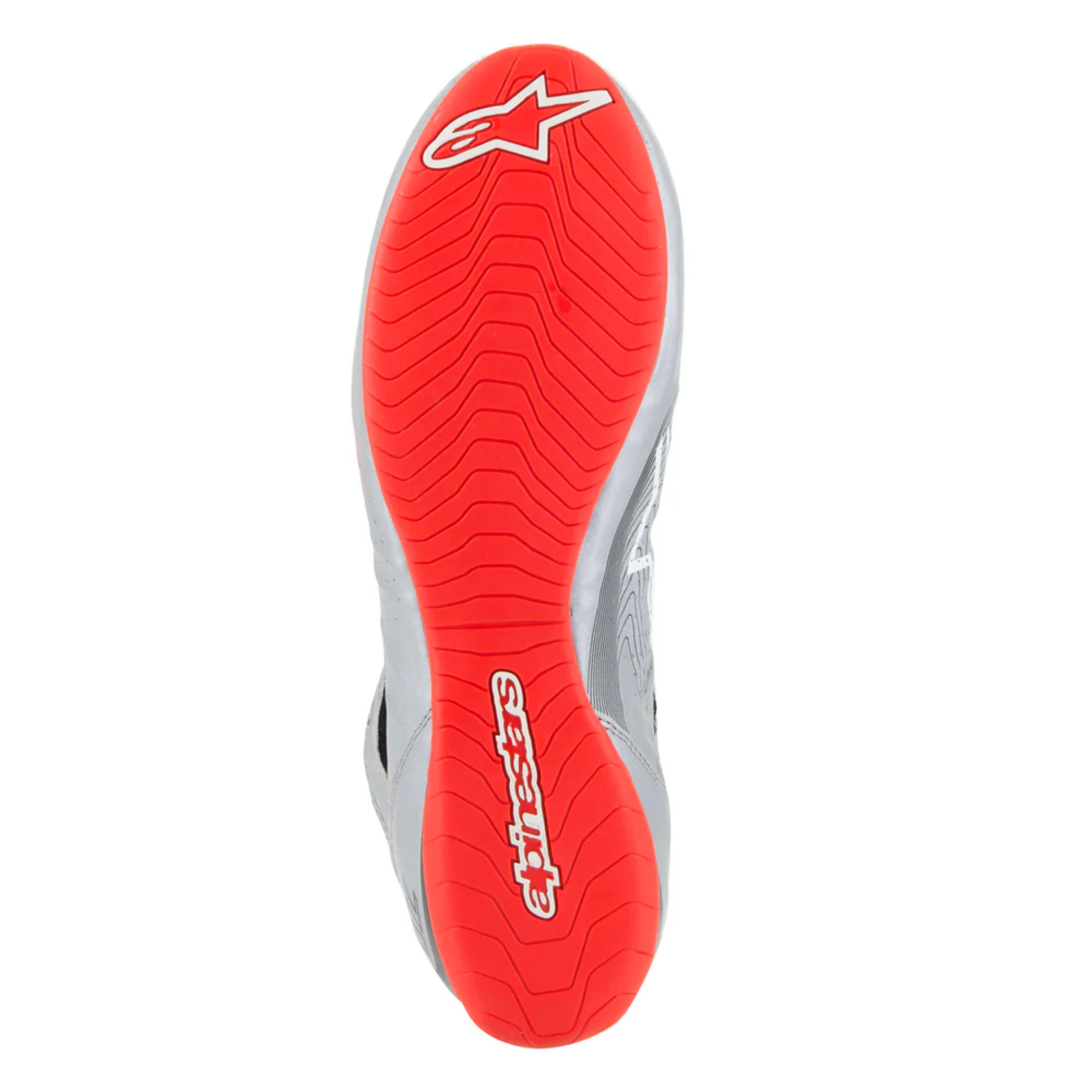 The silver, black and red Alpinestars Tech-1 Z v3 Racing Shoes - SFI 3.3 from the bottom showing the sole.