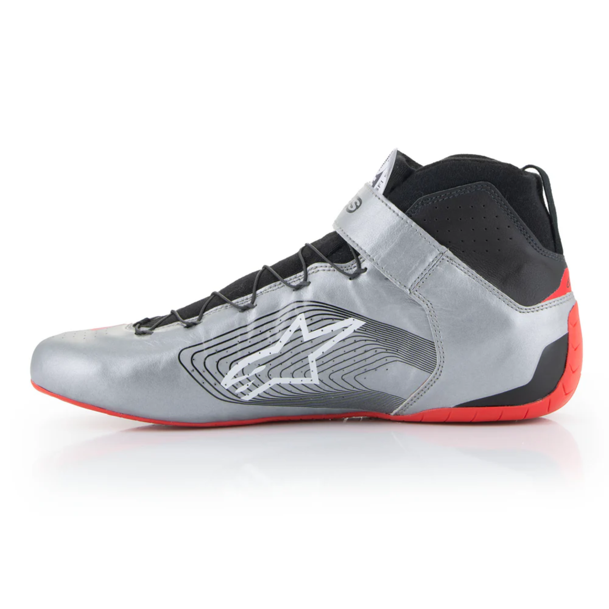 The silver, black and red Alpinestars Tech-1 Z v3 Racing Shoes - SFI 3.3 showing the inside of the shoe.