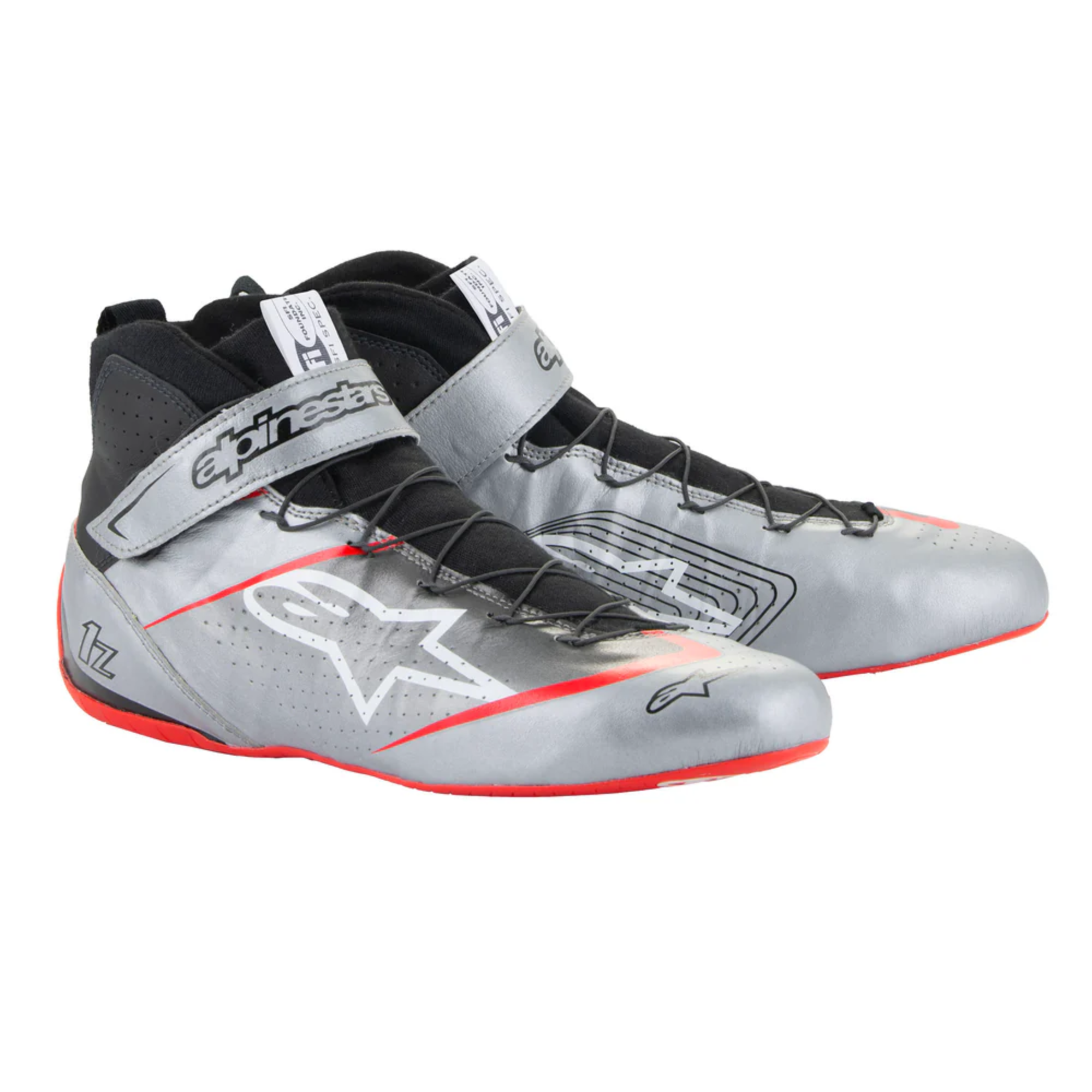 The silver, black and red Alpinestars Tech-1 Z v3 Racing Shoes - SFI 3.3.