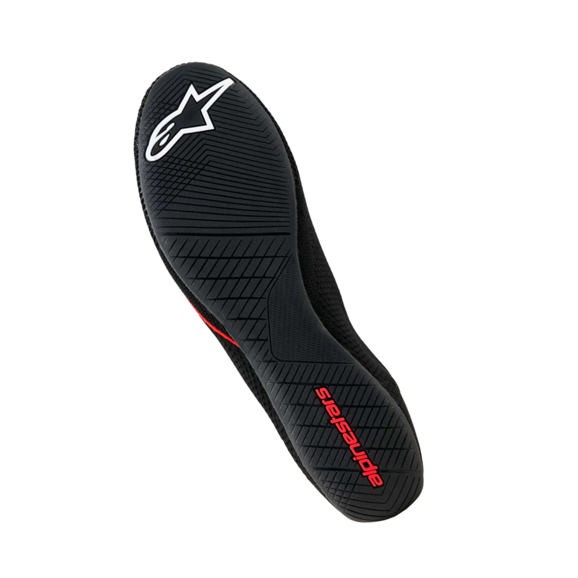 The bottom, or sole of, the black Alpinestars Tech Gaming Shoes.