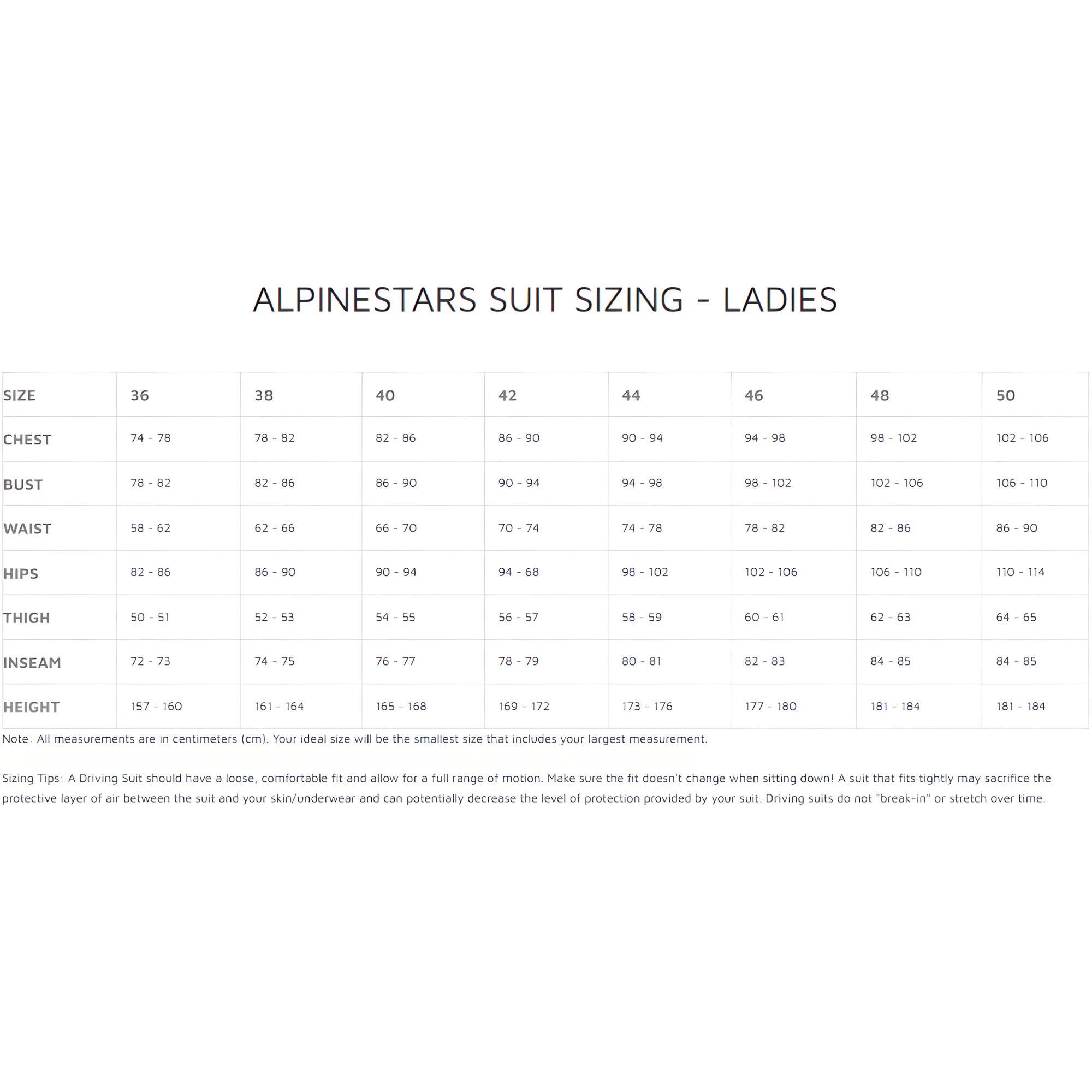 The ladies sizing guide for Alpinestars suits. all-groups