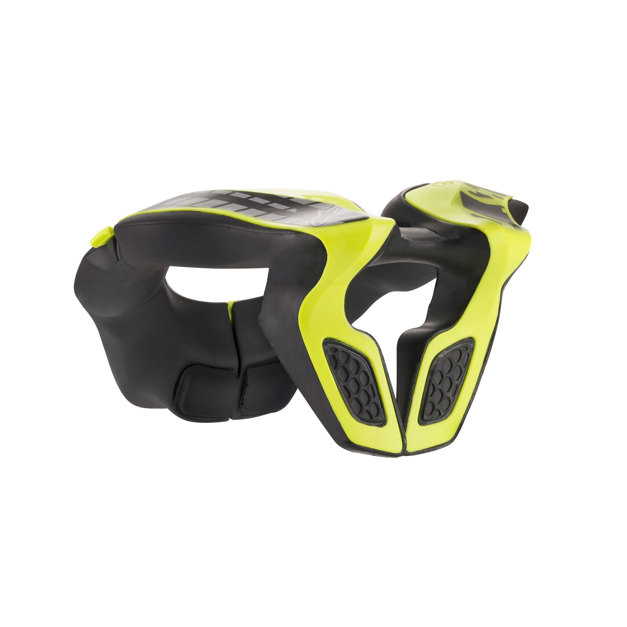The black and yellow Alpinestars Youth Neck Support from the back.