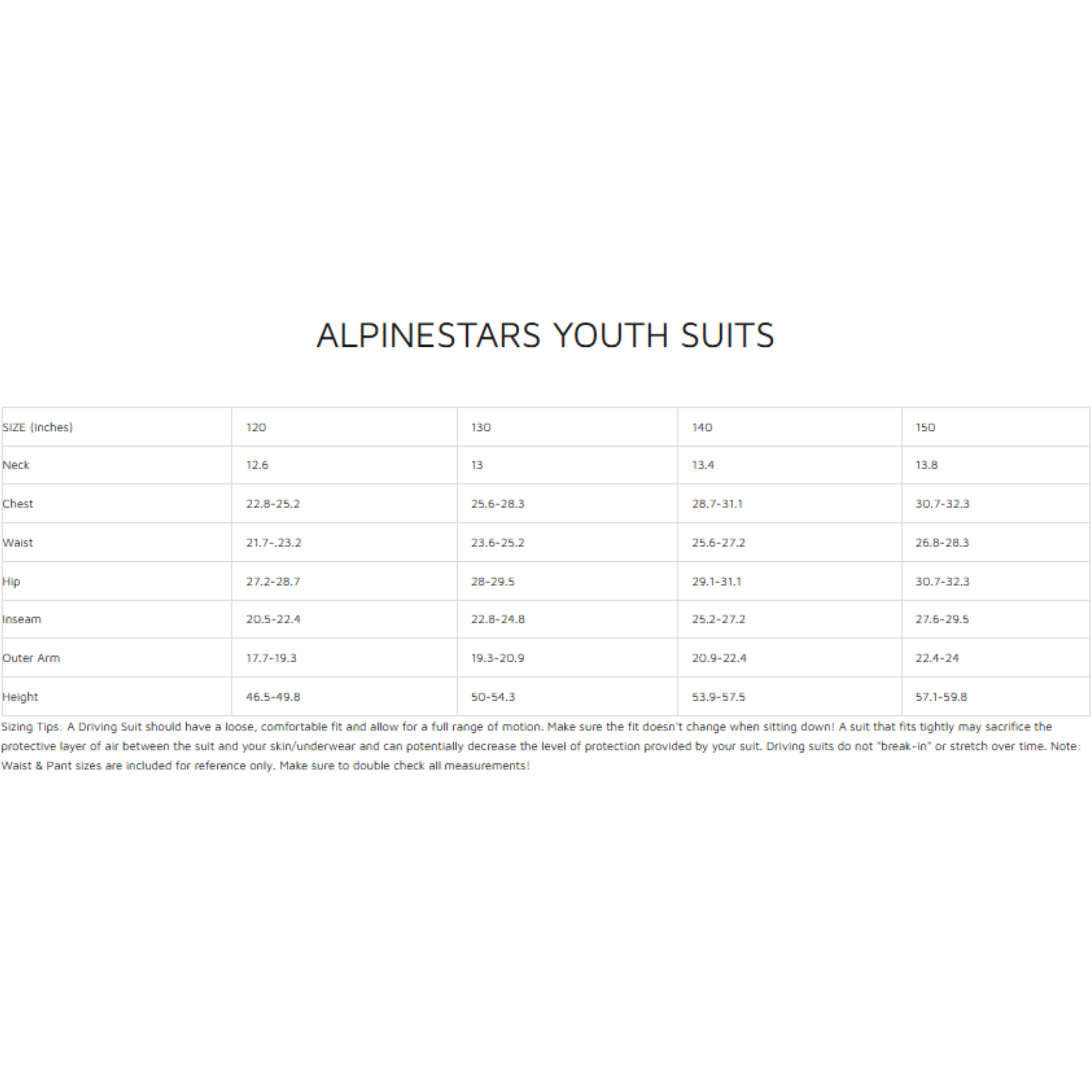 The sizing chart (size guide) for Alpinestars Youth Suits. all-groups