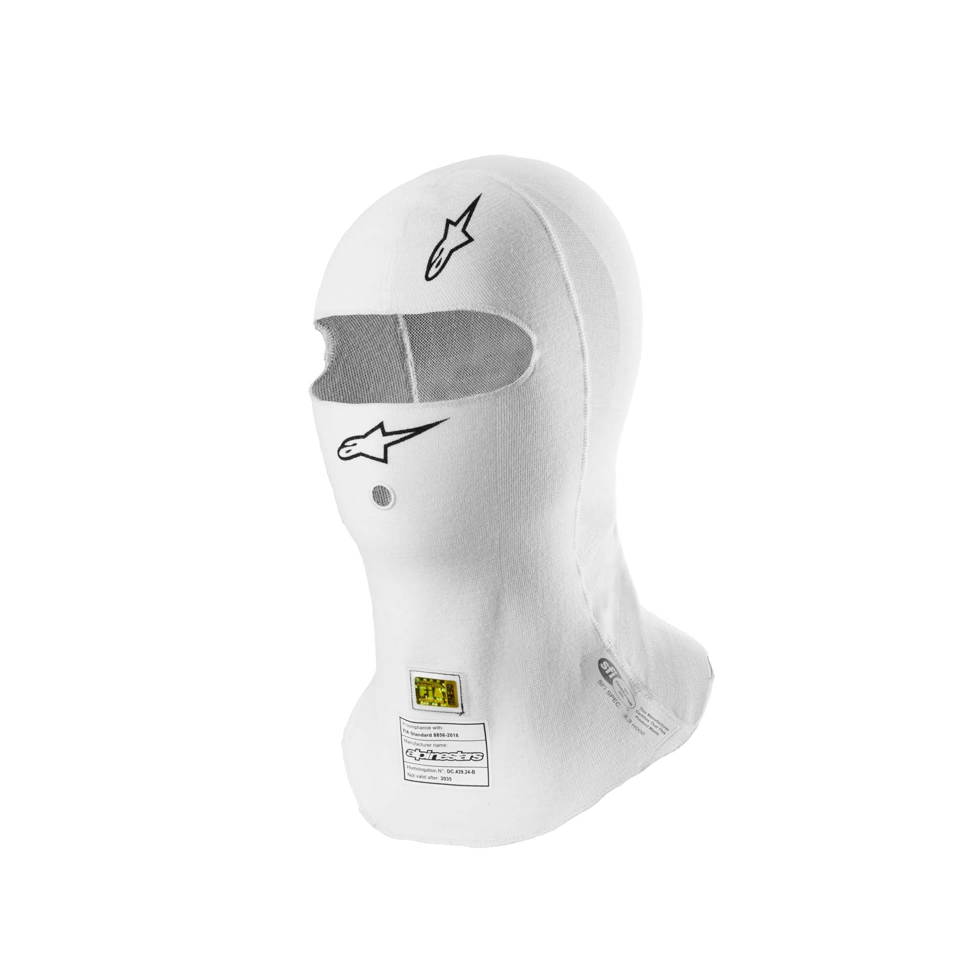 The FIA 8856-2018 and SFI 3.3 safety certified white Alpinestars ZX Evo v3 Racing Balaclava.