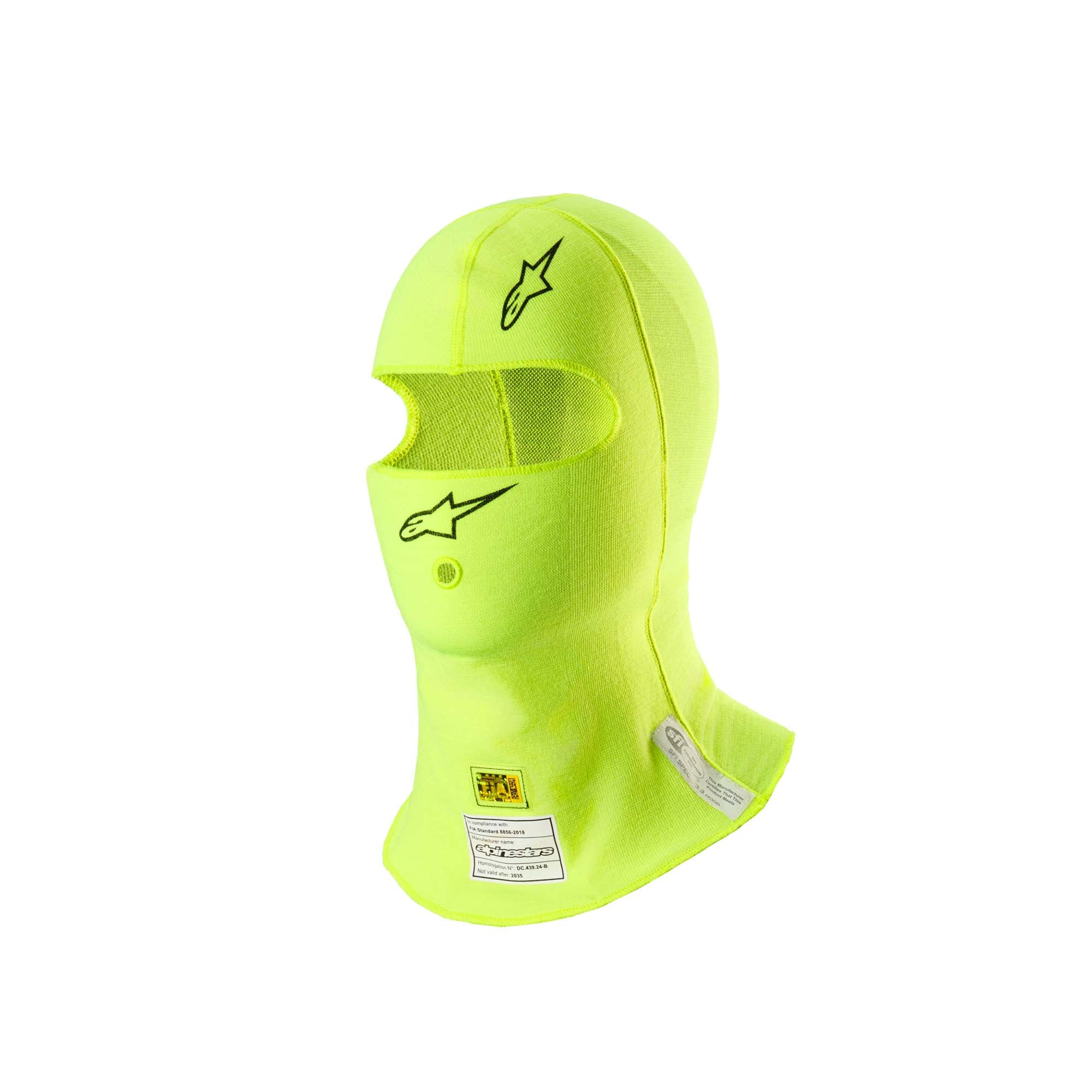 The FIA 8856-2018 and SFI 3.3 safety certified yellow Alpinestars ZX Evo v3 Racing Balaclava.