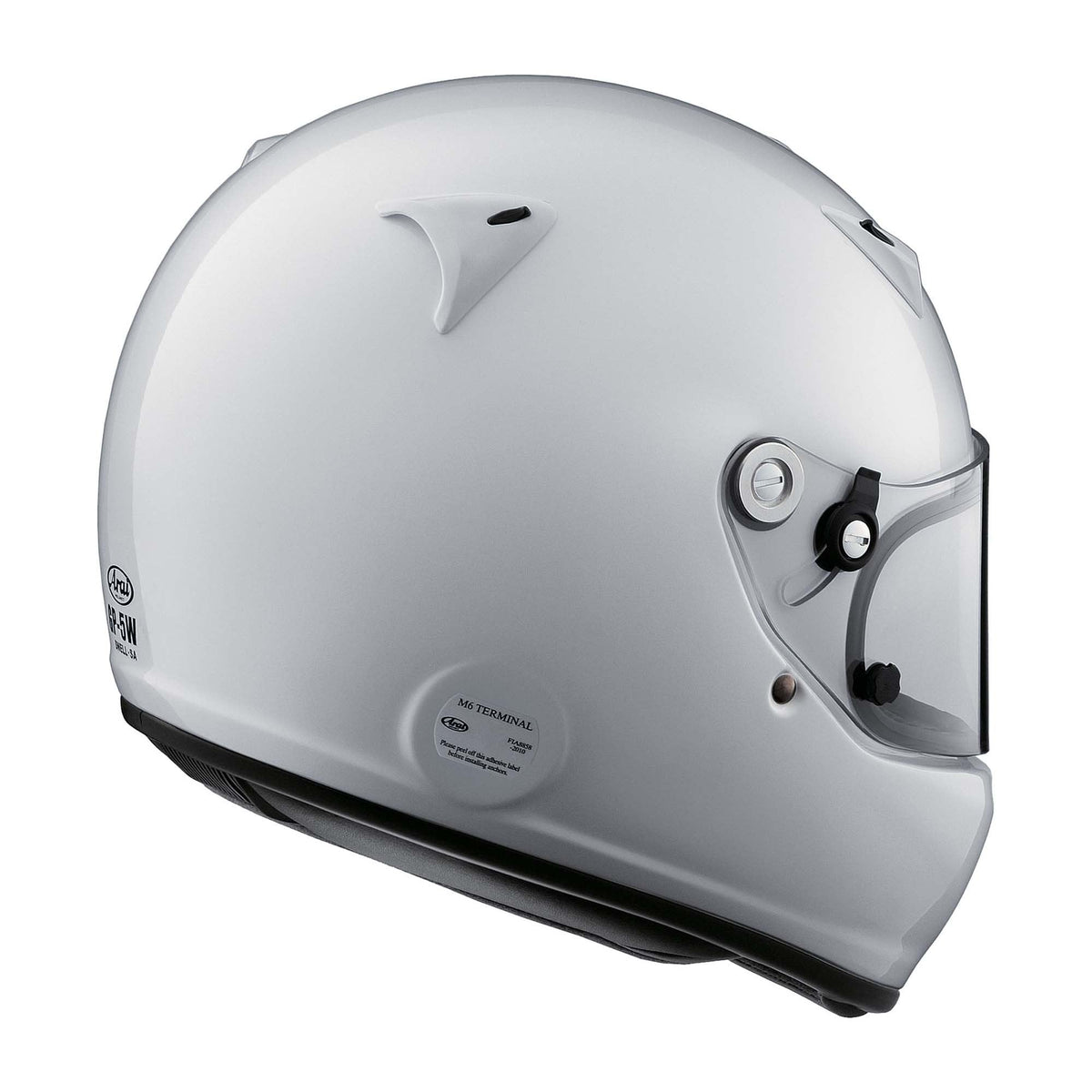 The back of the white SA2020 & FIA8859 homologated Arai GP-5W Racing Helmet.