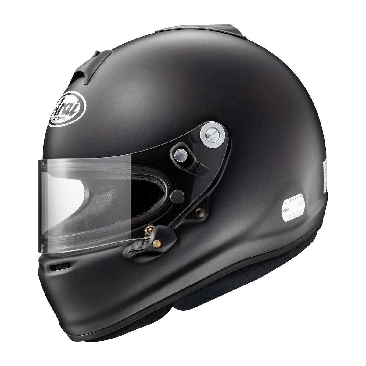 The flat black SA2020 & FIA8859 homologated Arai GP-6S Racing Helmet.