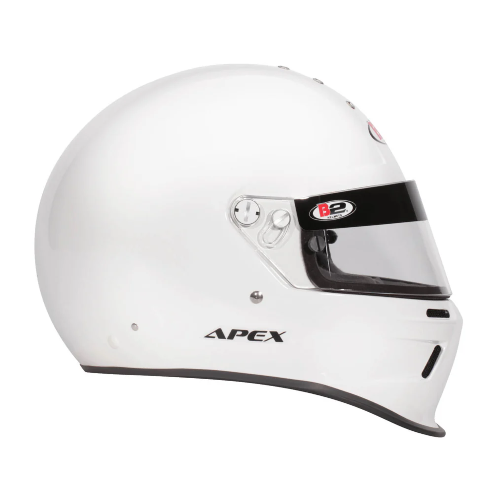 The Snell SA2020 certified white B2 Apex Racing Helmet at an angle.