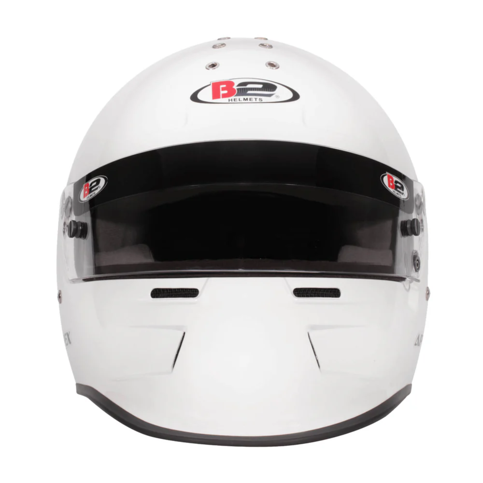 The front of the Snell SA2020 certified white B2 Apex Racing Helmet.
