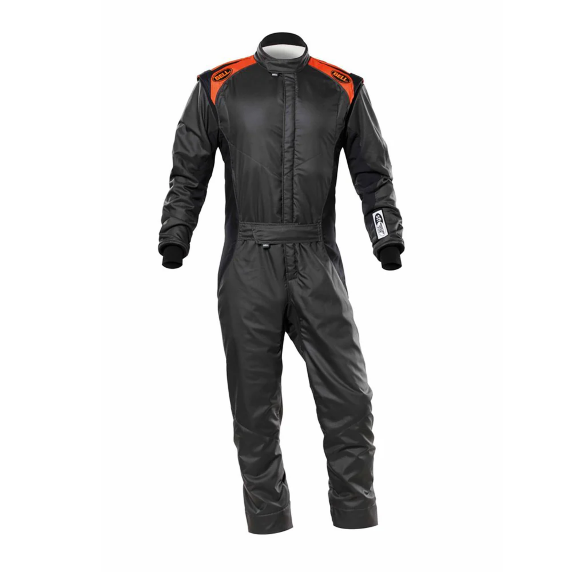 The front of the grey and orange Bell ADV-TX Racing Suit from Bell.