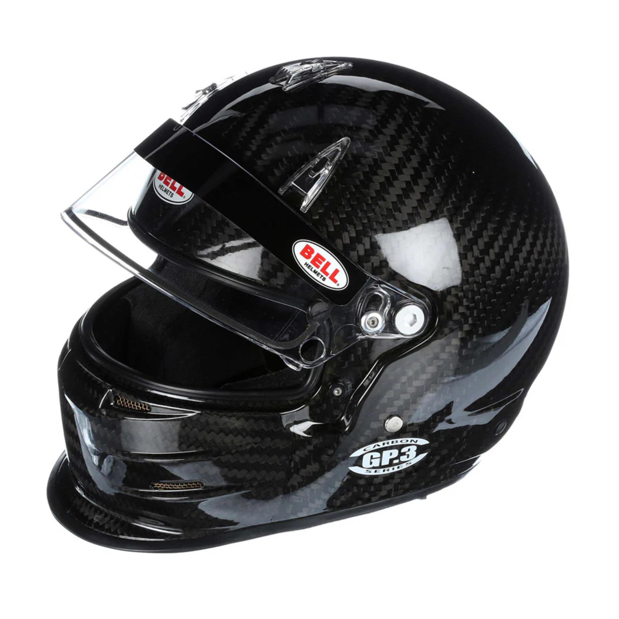 The Bell GP.3 Carbon Racing Helmet from Bell from the top with the shield open. Snell rated SA2020 and FIA rated FIA8859.