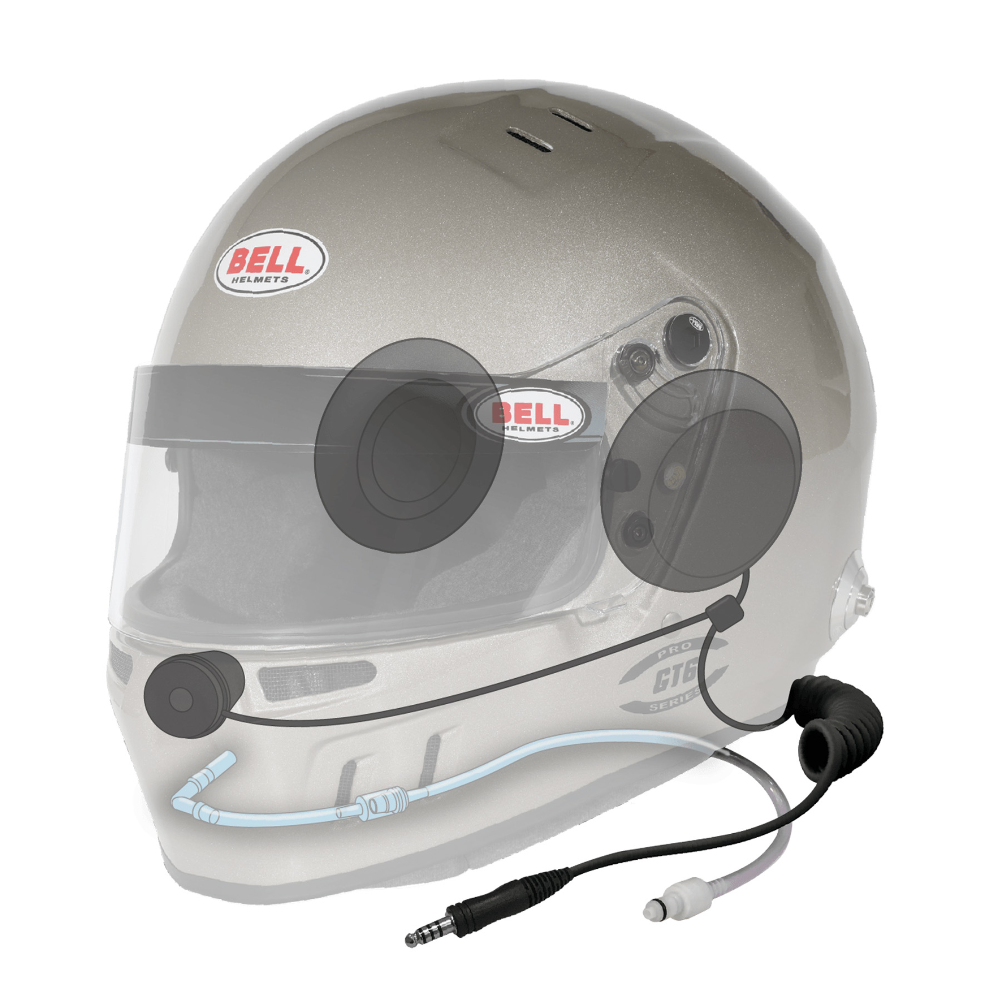 A diagram of the Bell GT6 Pro 4C/EC Racing Helmet showing the water line and integrated communications.
