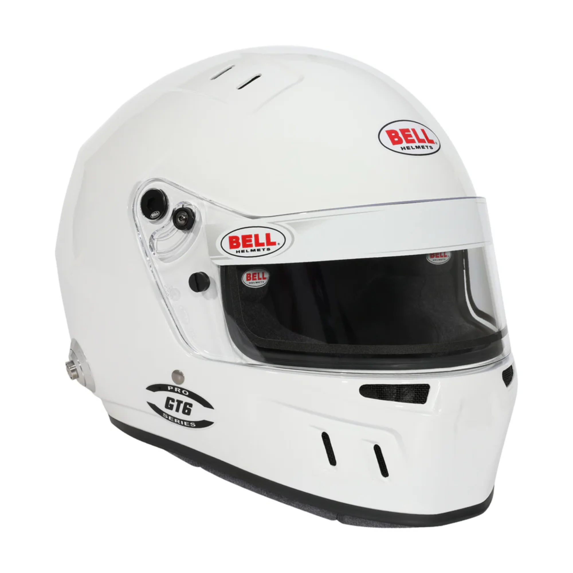 The SA2025 and FIA8859 certified white Bell GT6 Pro Racing Helmet at an angle.